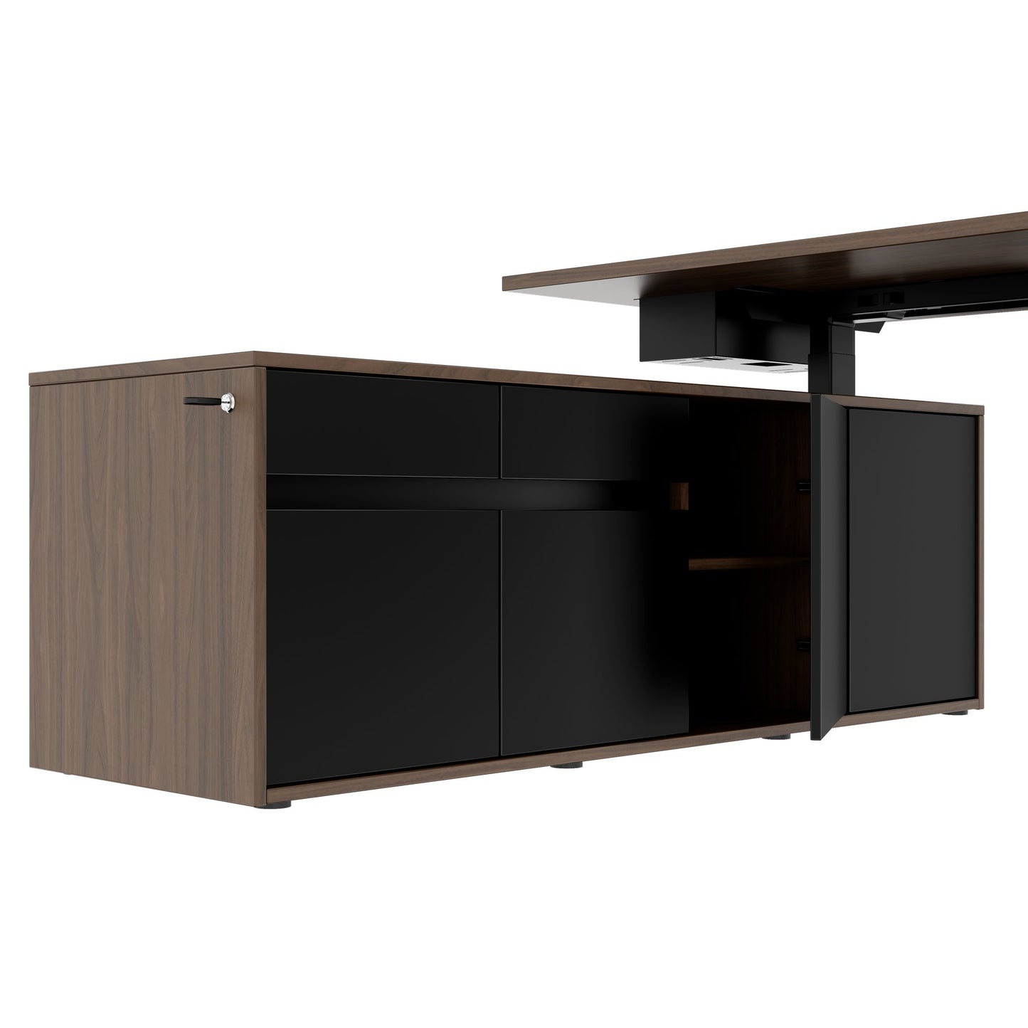 MOTION Bureau à 2 moteurs avec buffet | Réglable à hauteur électrique, 2000 x 1800 mm, noix