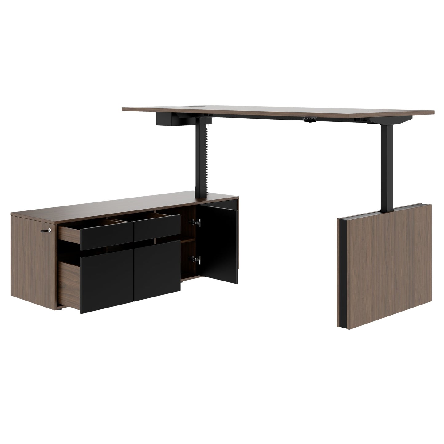 MOTION Bureau à 2 moteurs avec buffet | Réglable à hauteur électrique, 2000 x 1800 mm, noix