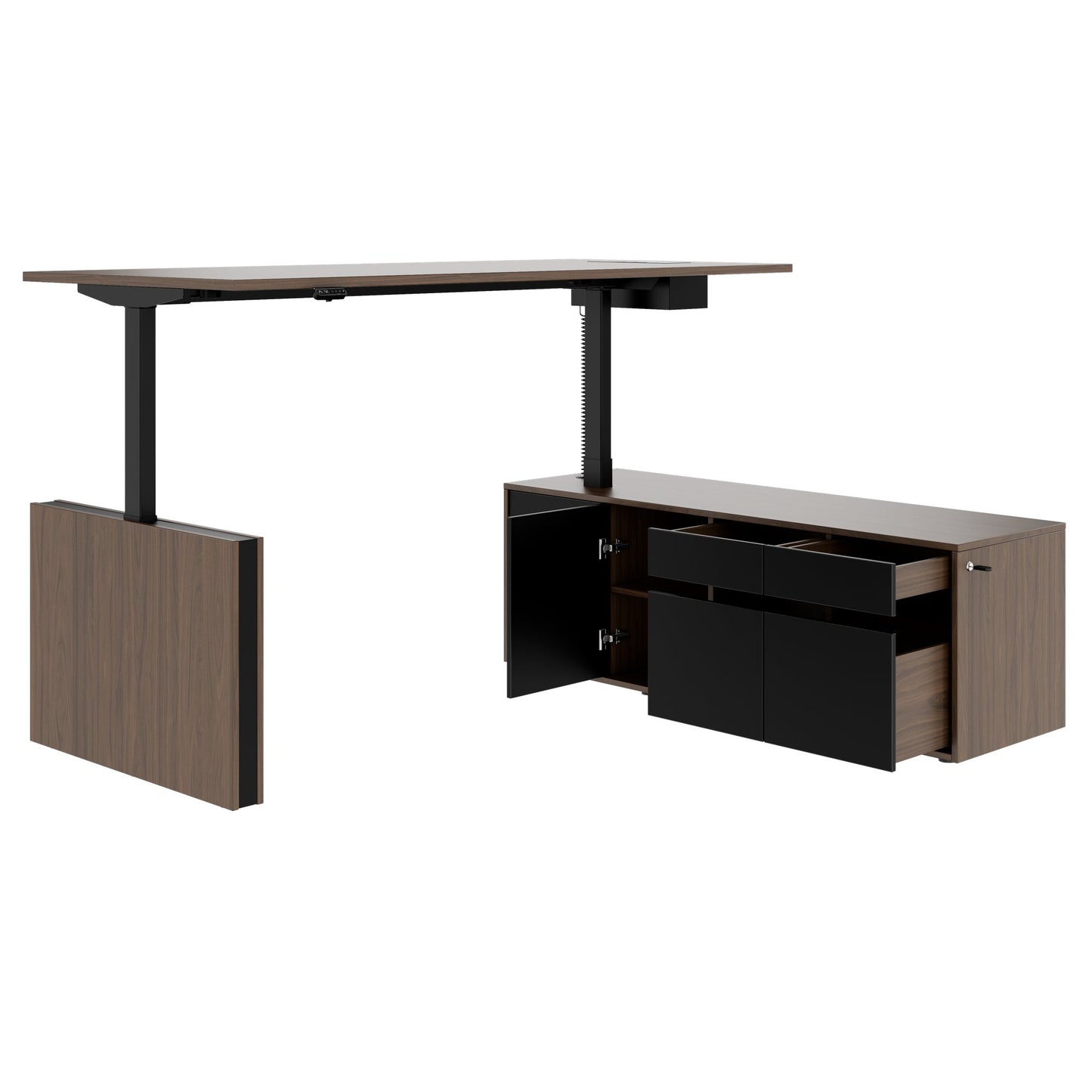 MOTION Bureau à 2 moteurs avec buffet | Réglable à hauteur électrique, 2000 x 1800 mm, noix