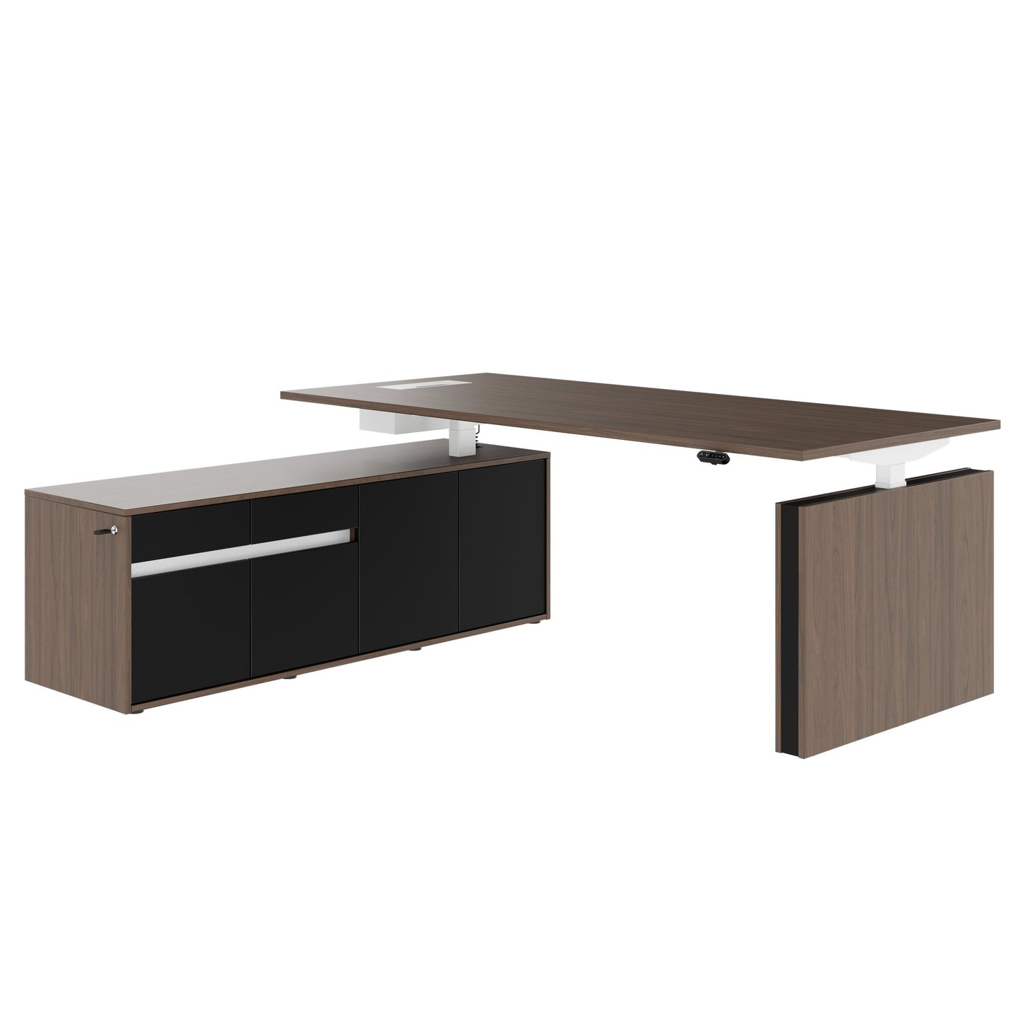 MOTION Bureau à 2 moteurs avec buffet | Réglable à hauteur électrique, 2000 x 1800 mm, noix