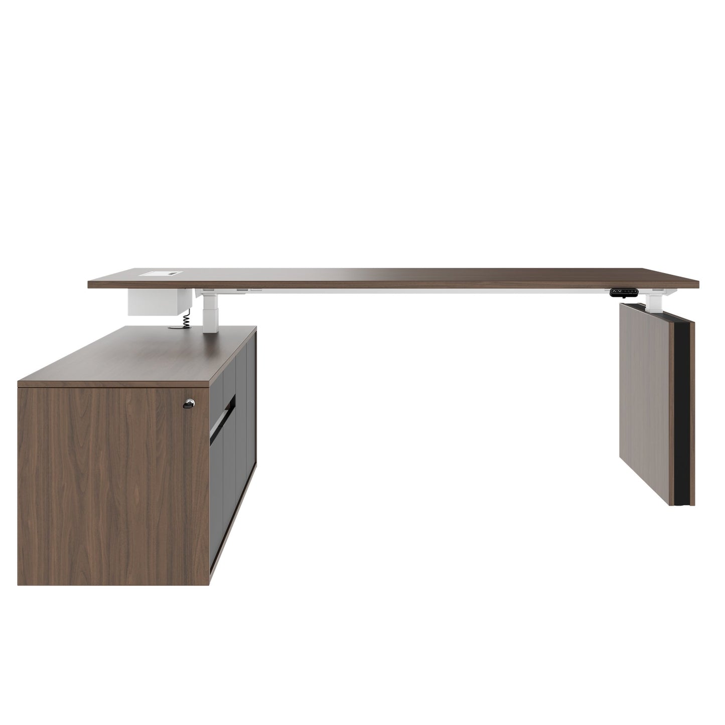 MOTION Bureau à 2 moteurs avec buffet | Réglable à hauteur électrique, 2000 x 1800 mm, noix