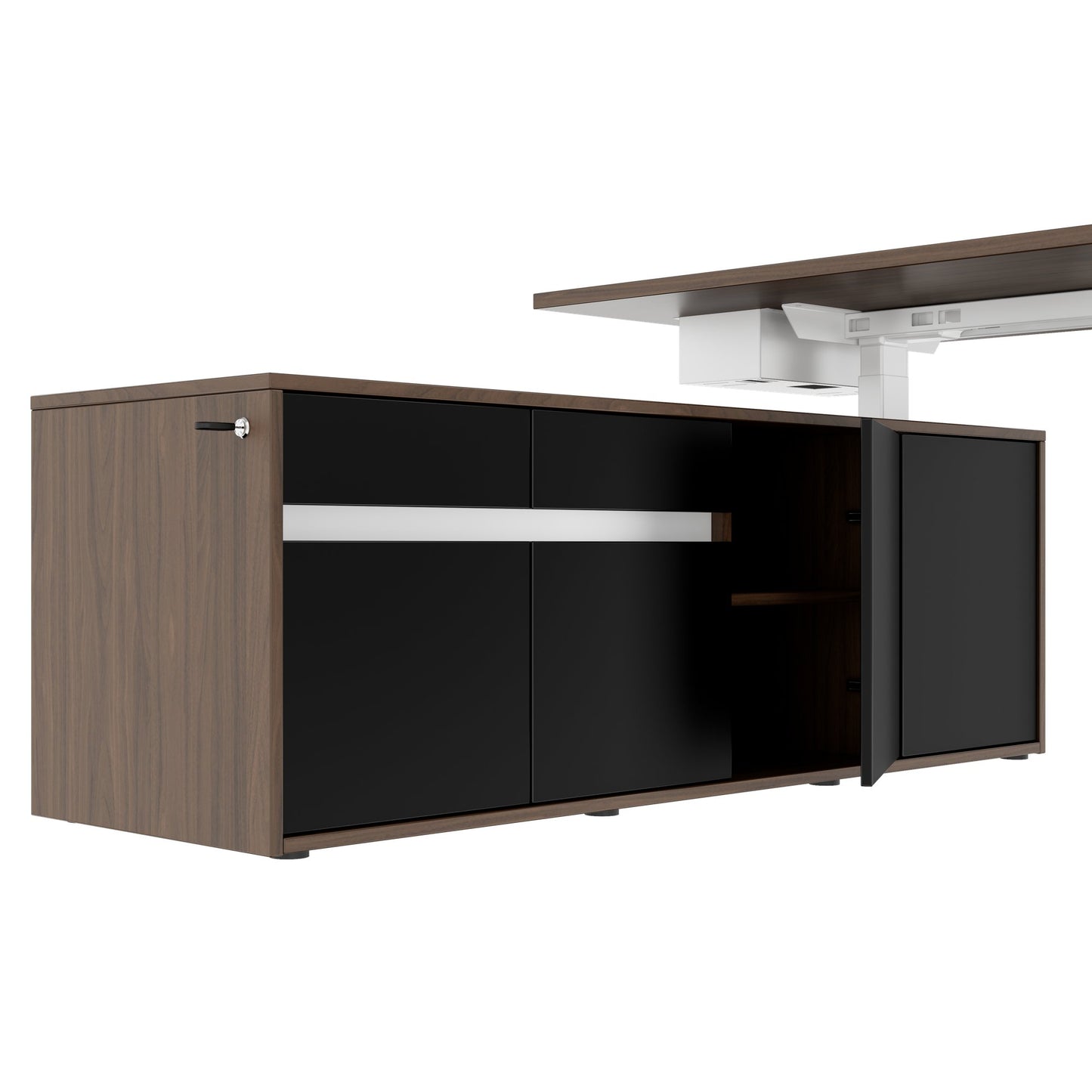 MOTION Bureau à 2 moteurs avec buffet | Réglable à hauteur électrique, 2000 x 1800 mm, noix