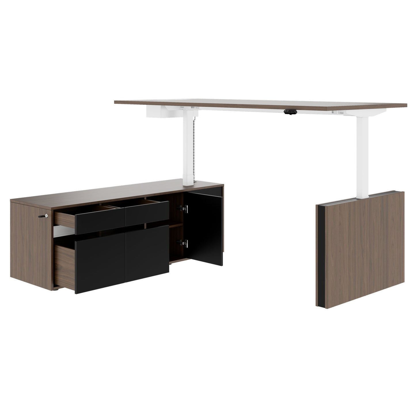 MOTION Bureau à 2 moteurs avec buffet | Réglable à hauteur électrique, 2000 x 1800 mm, noix