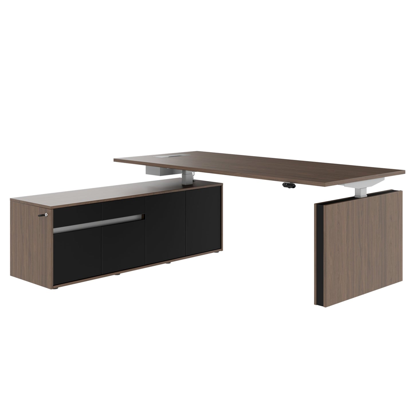 MOTION Bureau à 2 moteurs avec buffet | Réglable à hauteur électrique, 2000 x 1800 mm, noix