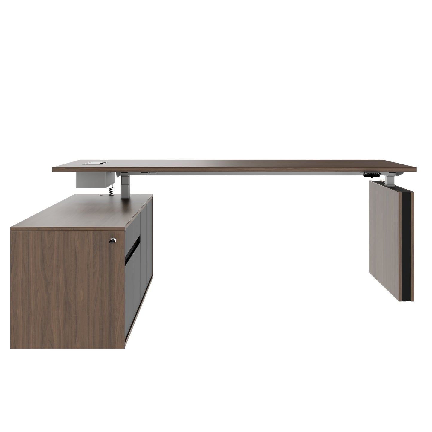 MOTION Bureau à 2 moteurs avec buffet | Réglable à hauteur électrique, 2000 x 1800 mm, noix