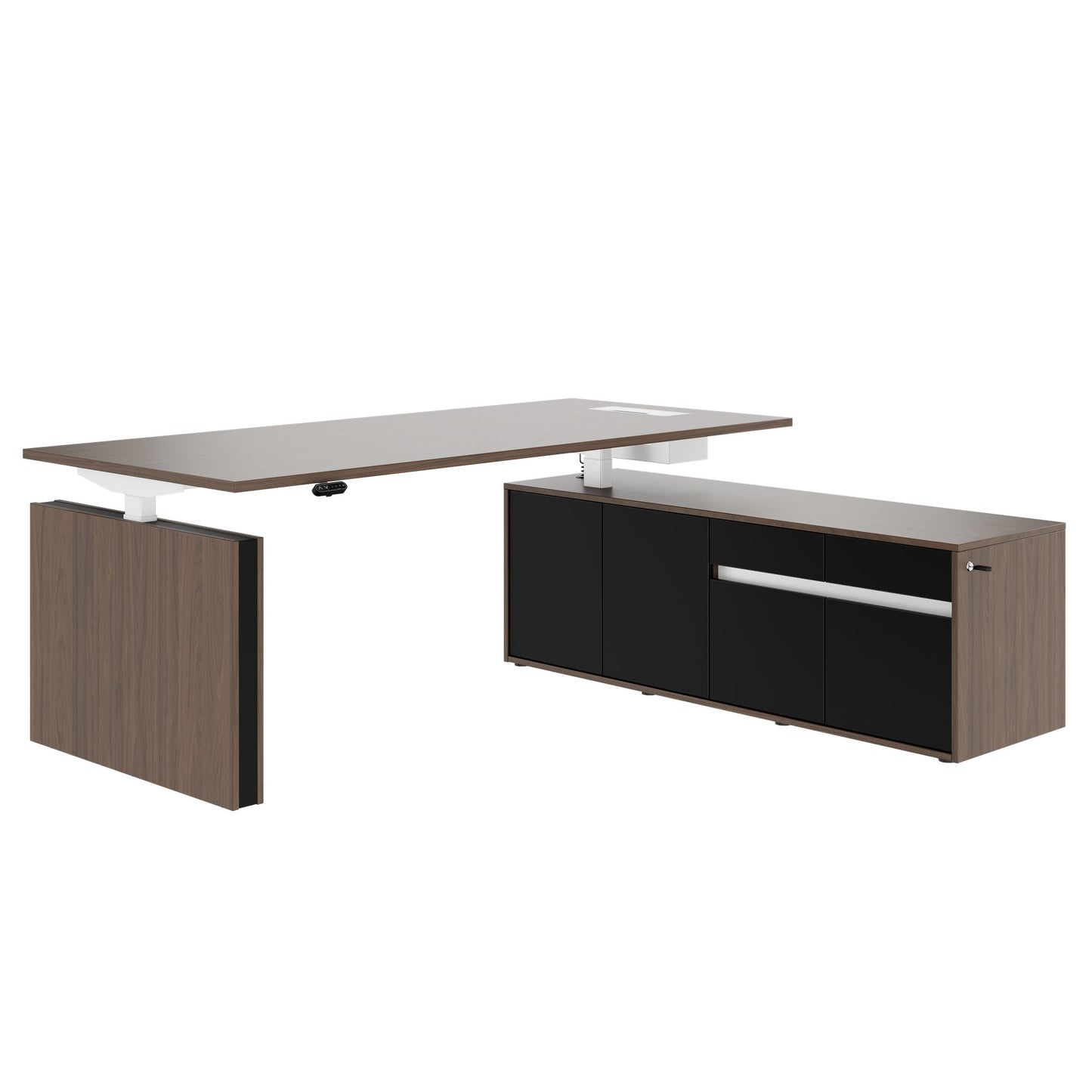 MOTION Bureau à 2 moteurs avec buffet | Réglable à hauteur électrique, 2000 x 1800 mm, noix