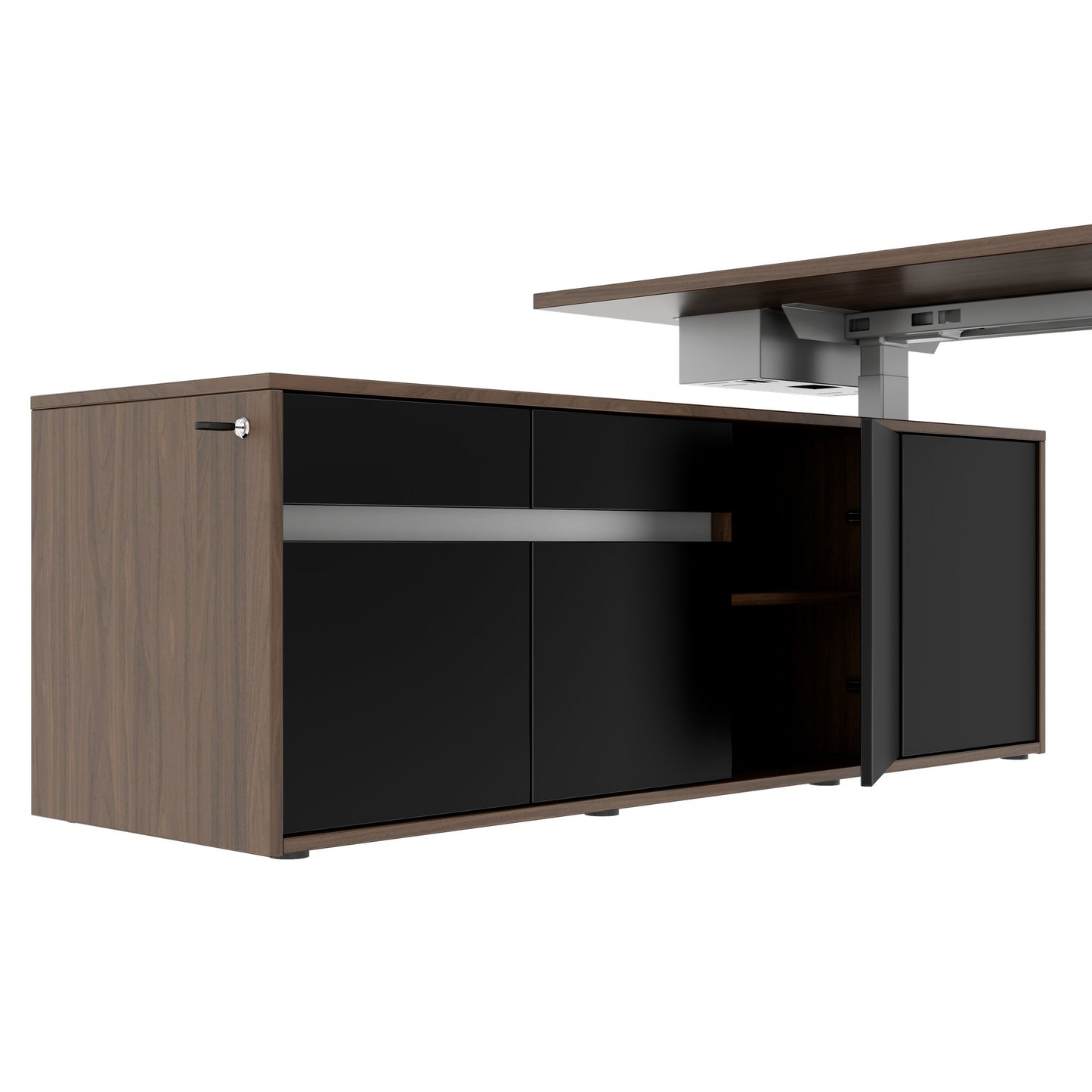 MOTION Bureau à 2 moteurs avec buffet | Réglable à hauteur électrique, 2000 x 1800 mm, noix