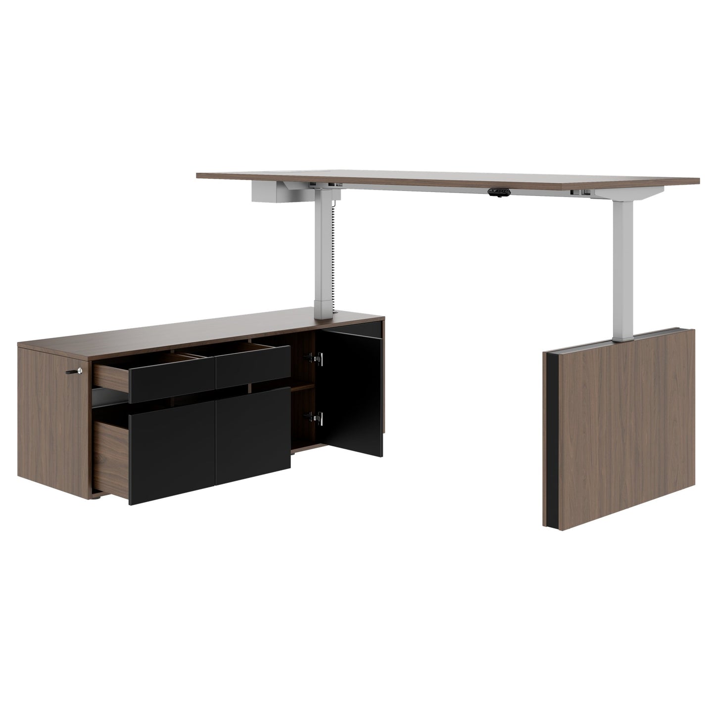 MOTION Bureau à 2 moteurs avec buffet | Réglable à hauteur électrique, 2000 x 1800 mm, noix