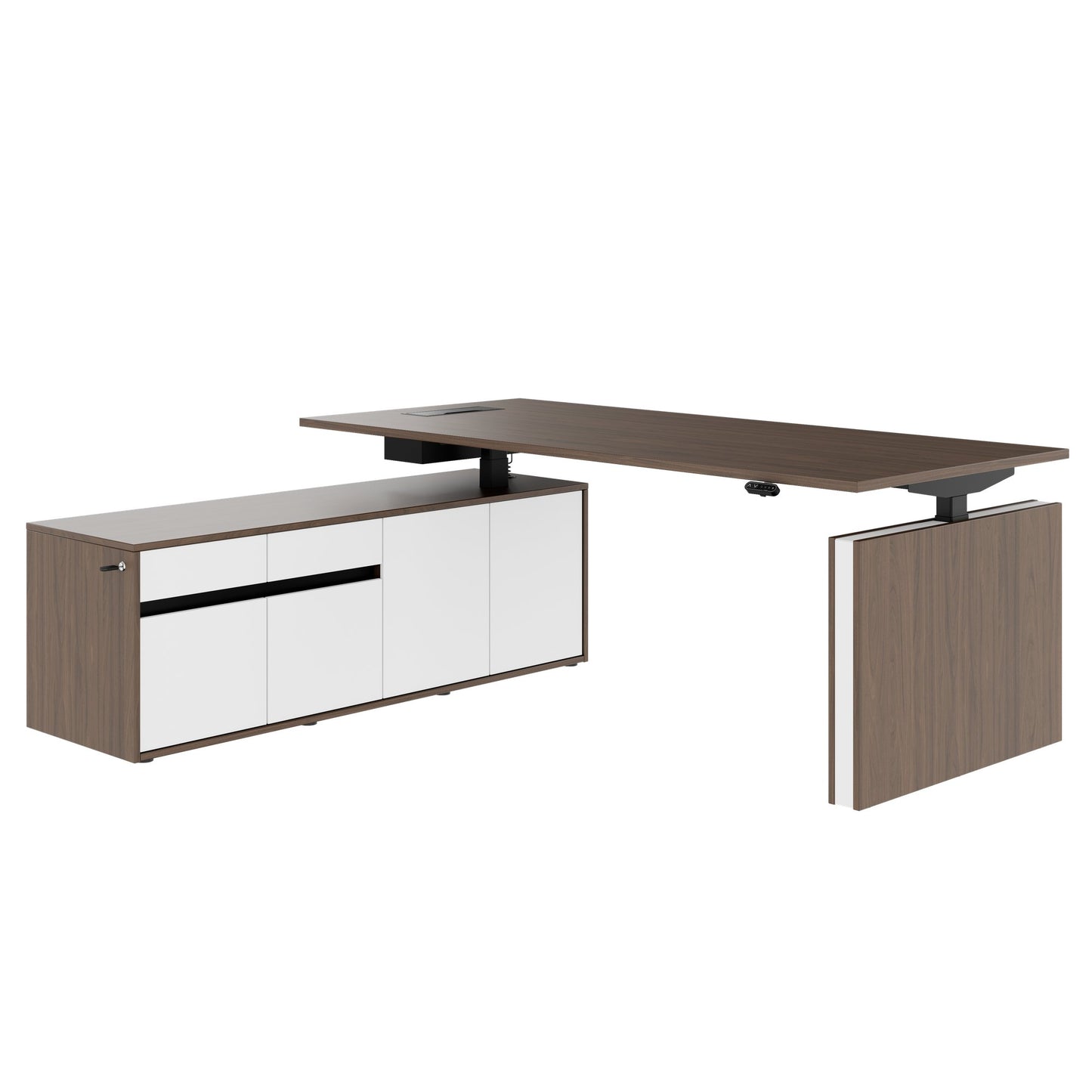 MOTION Bureau à 2 moteurs avec buffet | Réglable à hauteur électrique, 2000 x 1800 mm, noix