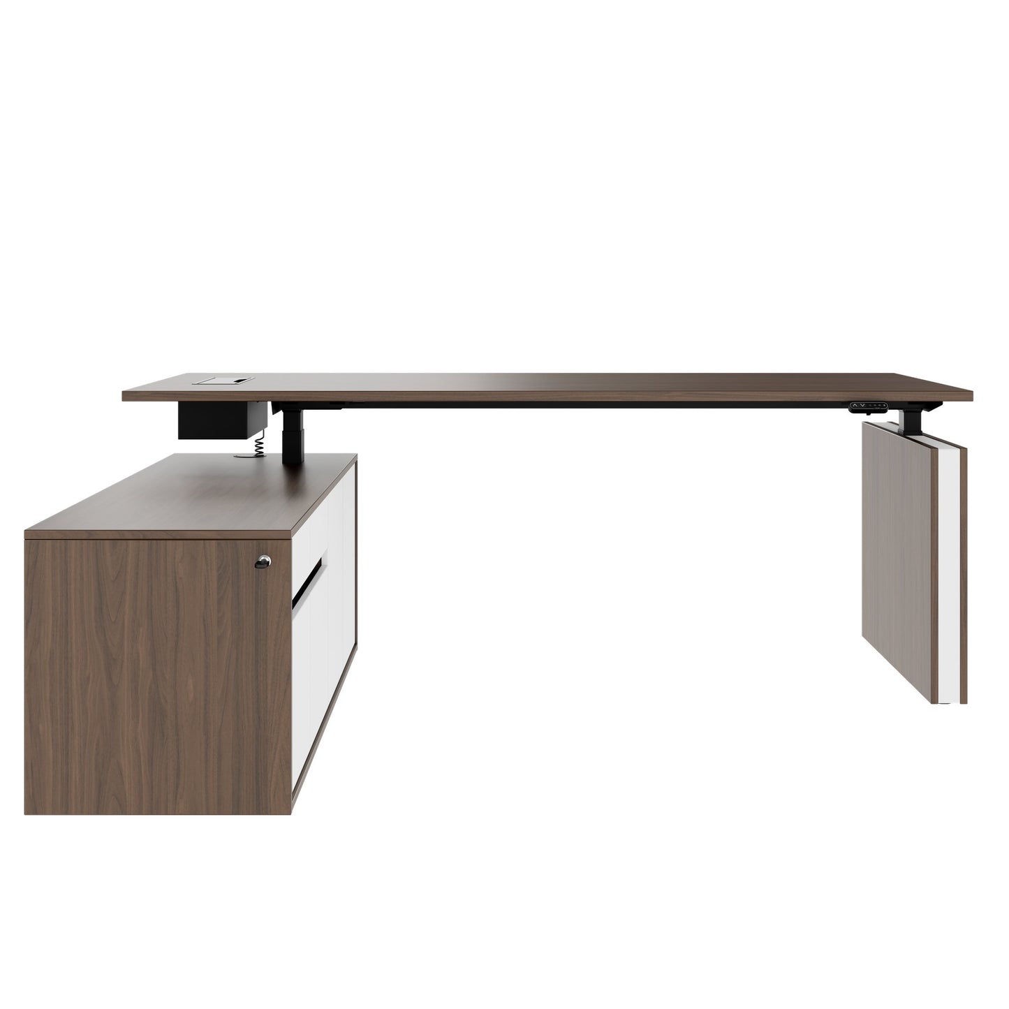 MOTION Bureau à 2 moteurs avec buffet | Réglable à hauteur électrique, 2000 x 1800 mm, noix