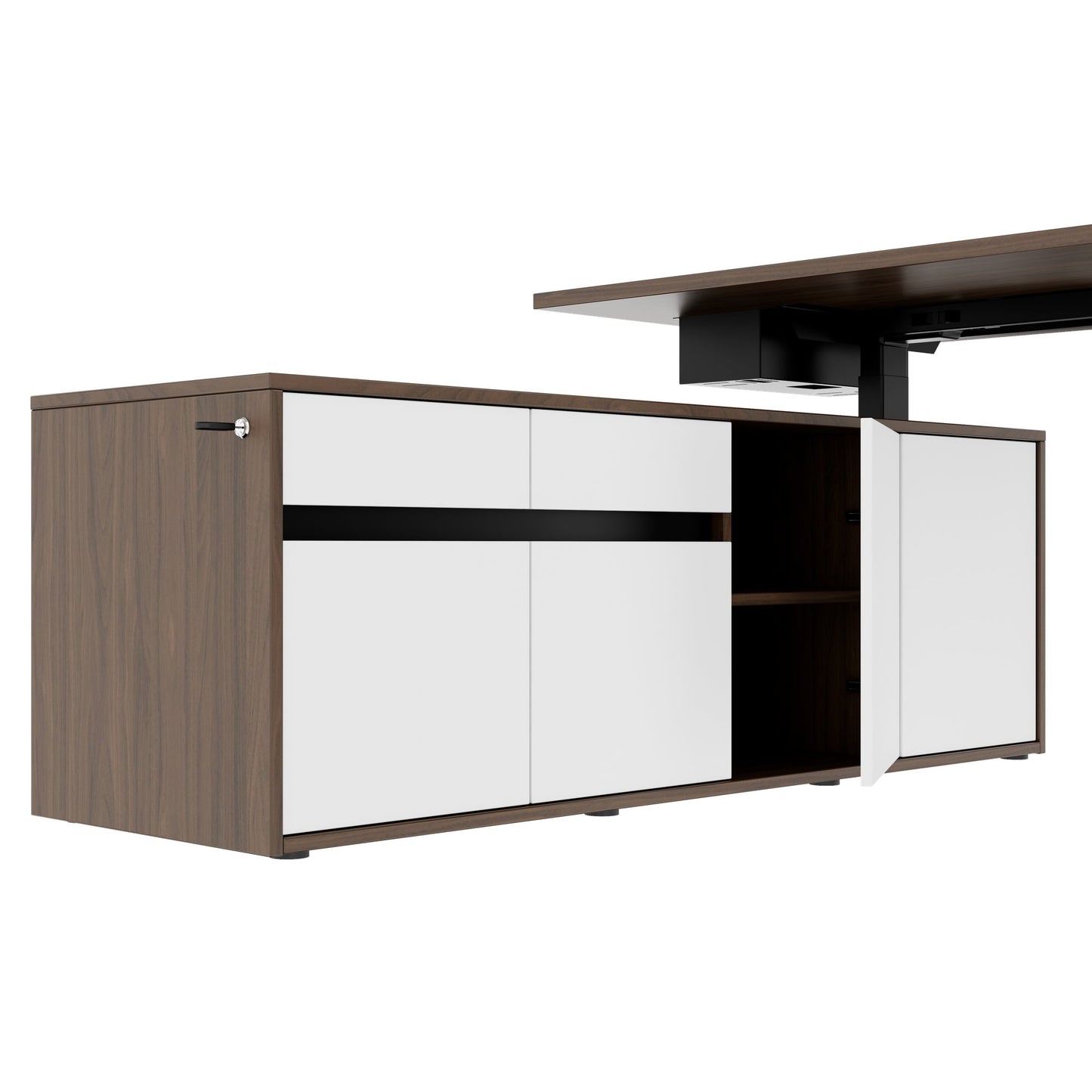 MOTION Bureau à 2 moteurs avec buffet | Réglable à hauteur électrique, 2000 x 1800 mm, noix