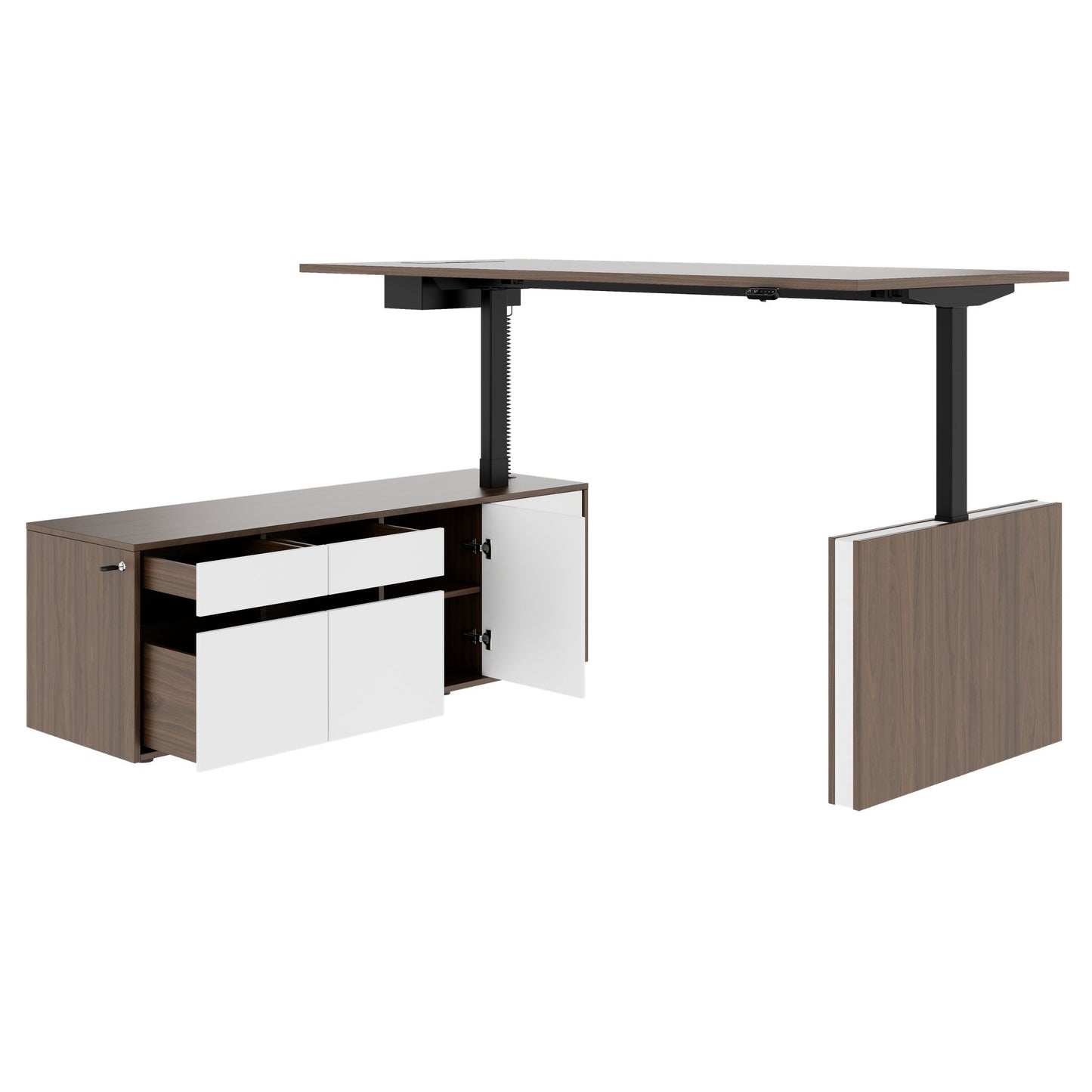 MOTION Bureau à 2 moteurs avec buffet | Réglable à hauteur électrique, 2000 x 1800 mm, noix