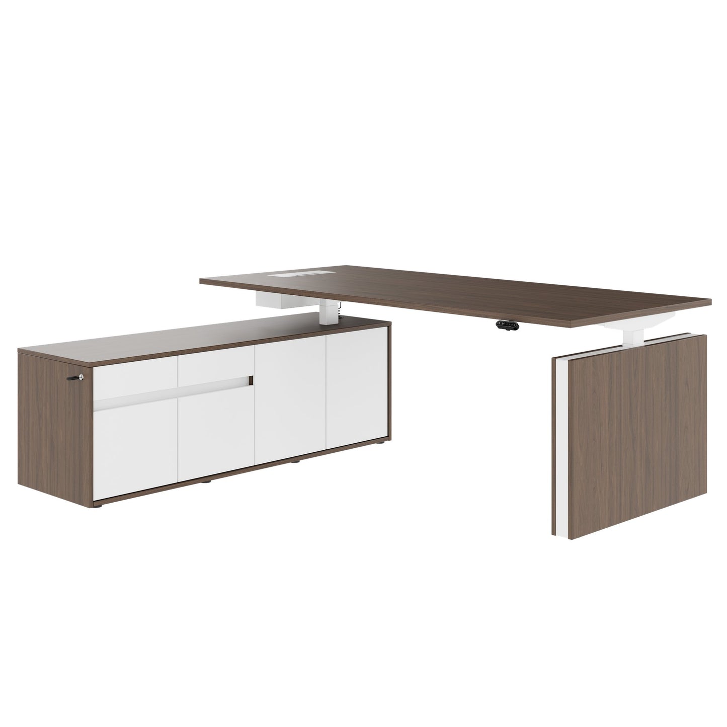 MOTION Bureau à 2 moteurs avec buffet | Réglable à hauteur électrique, 2000 x 1800 mm, noix