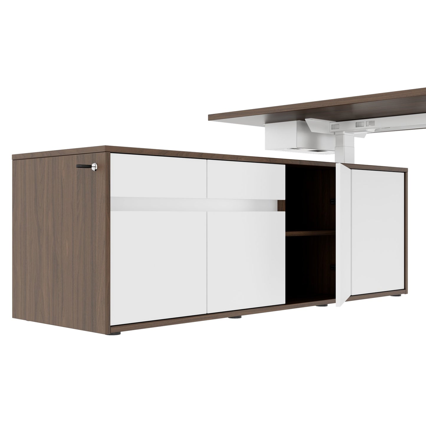 MOTION Bureau à 2 moteurs avec buffet | Réglable à hauteur électrique, 2000 x 1800 mm, noix