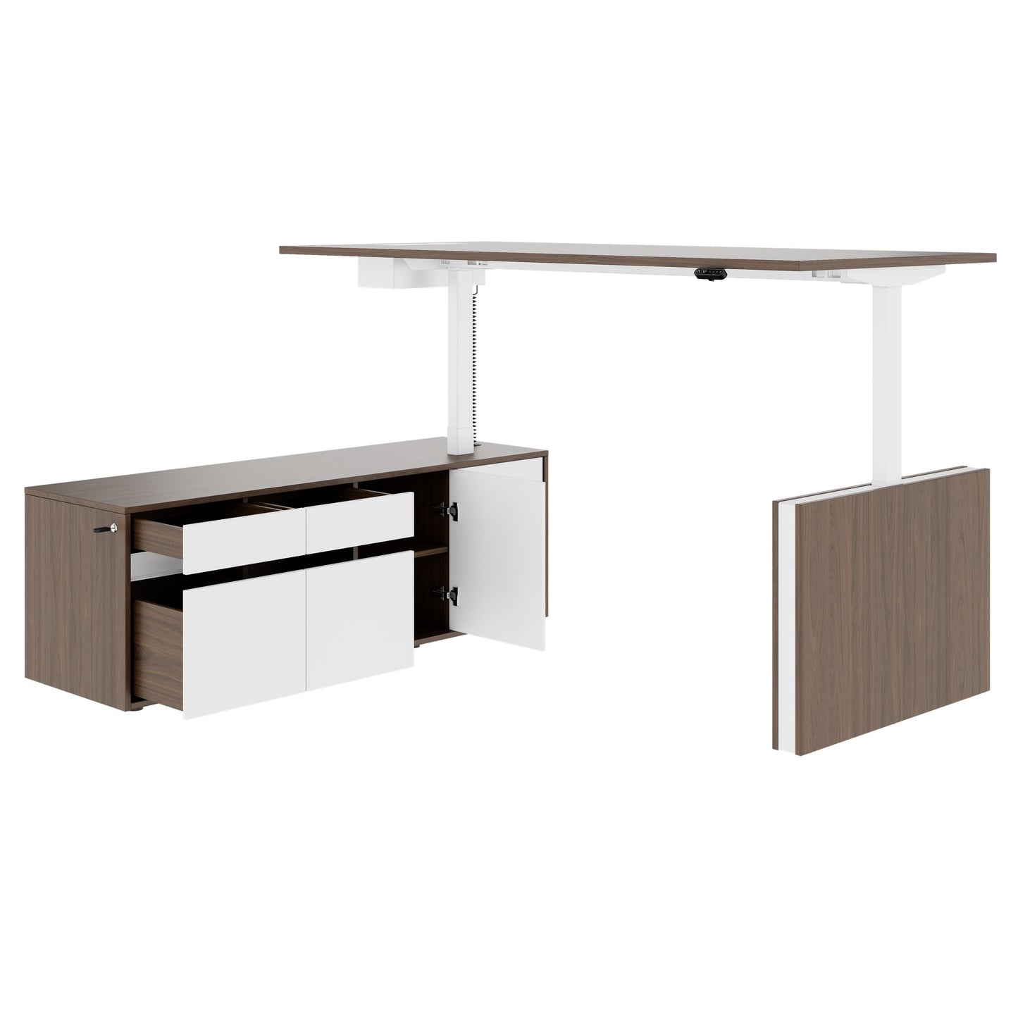 MOTION Bureau à 2 moteurs avec buffet | Réglable à hauteur électrique, 2000 x 1800 mm, noix