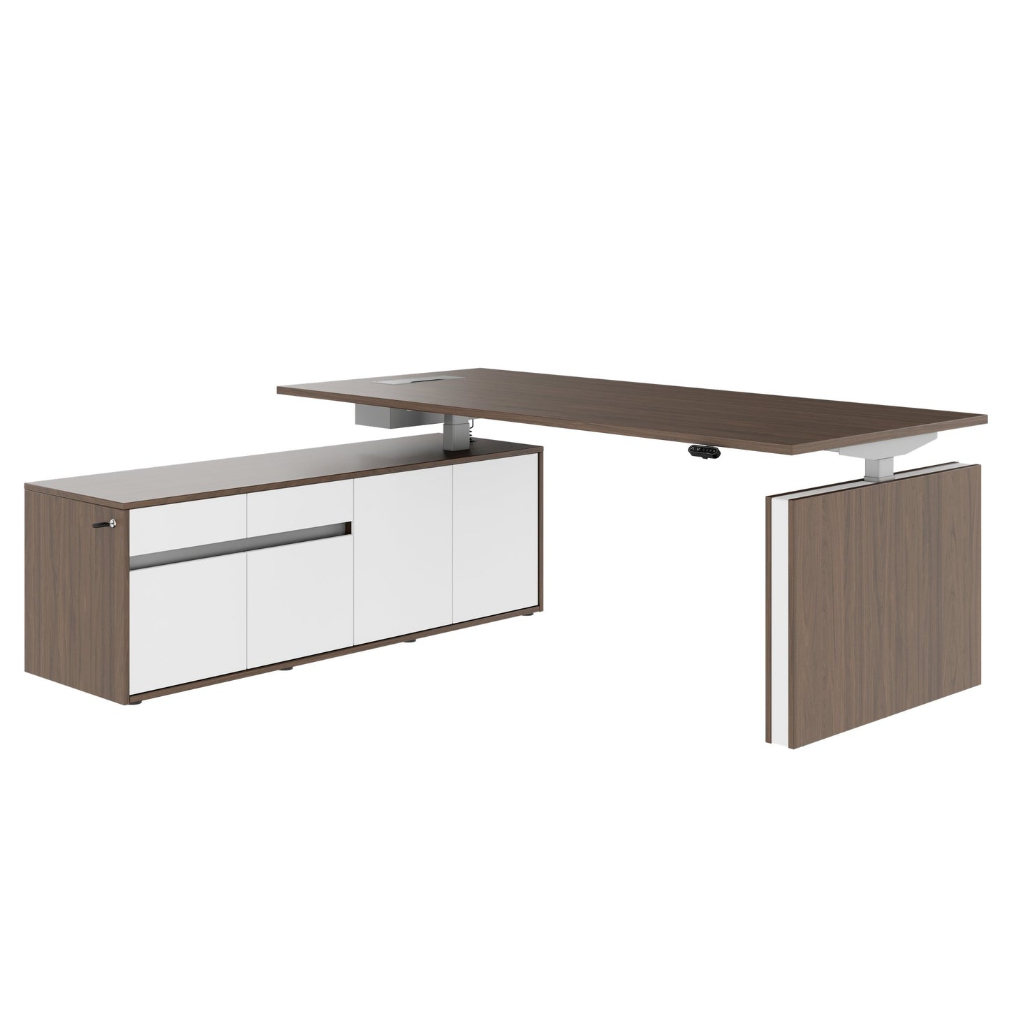 MOTION Bureau à 2 moteurs avec buffet | Réglable à hauteur électrique, 2000 x 1800 mm, noix