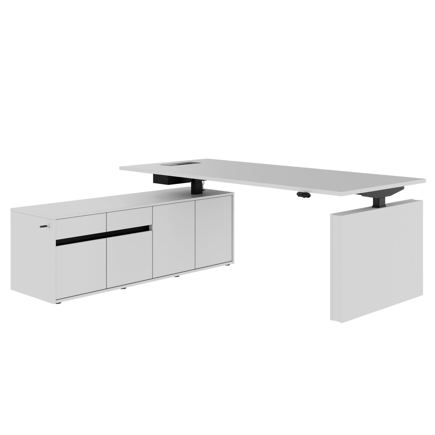 MOTION 2-Motoren-Schreibtisch mit Sideboard | Elektrisch höhenverstellbar, 2000 x 1800 mm, Perlgrau