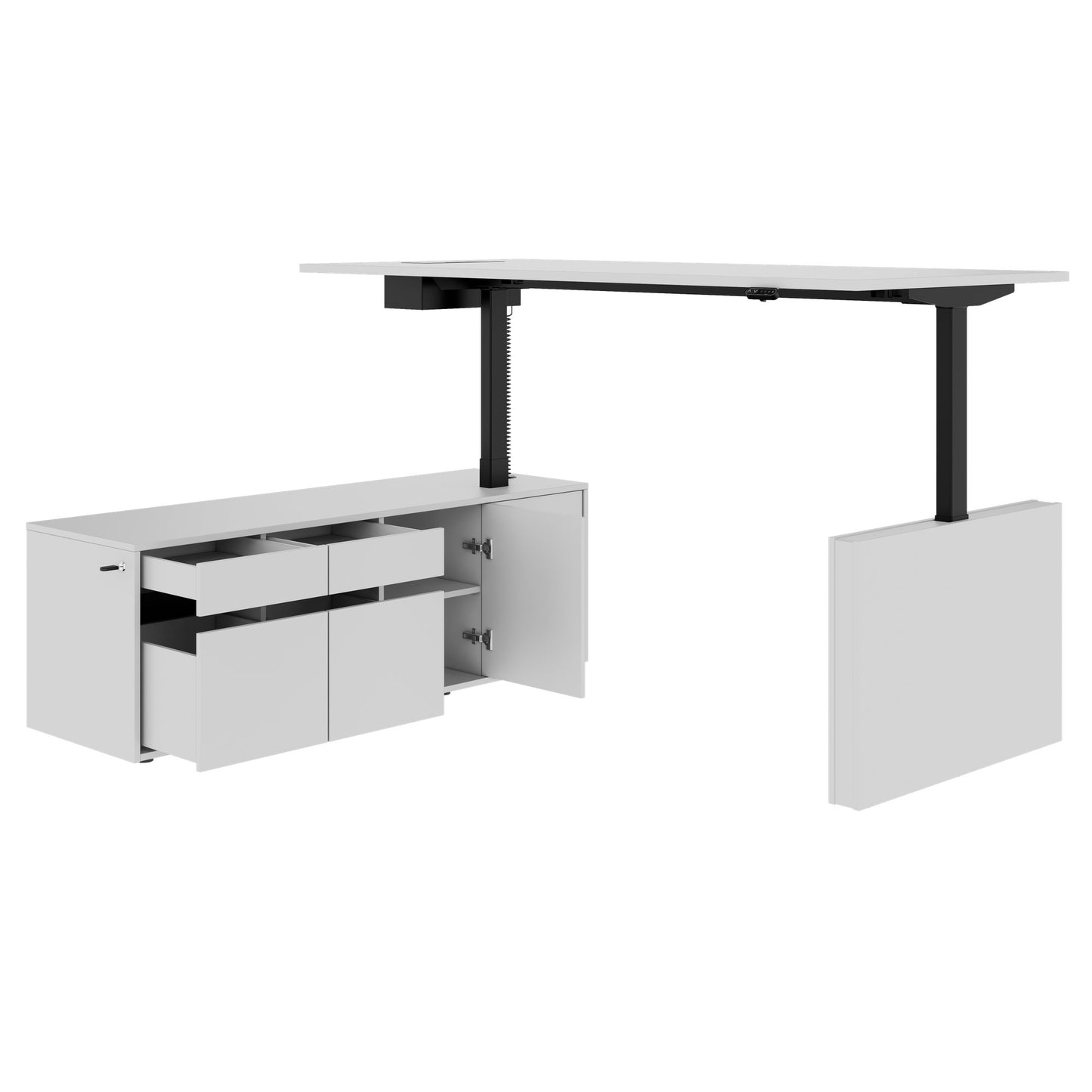 MOTION 2-Motoren-Schreibtisch mit Sideboard | Elektrisch höhenverstellbar, 2000 x 1800 mm, Perlgrau