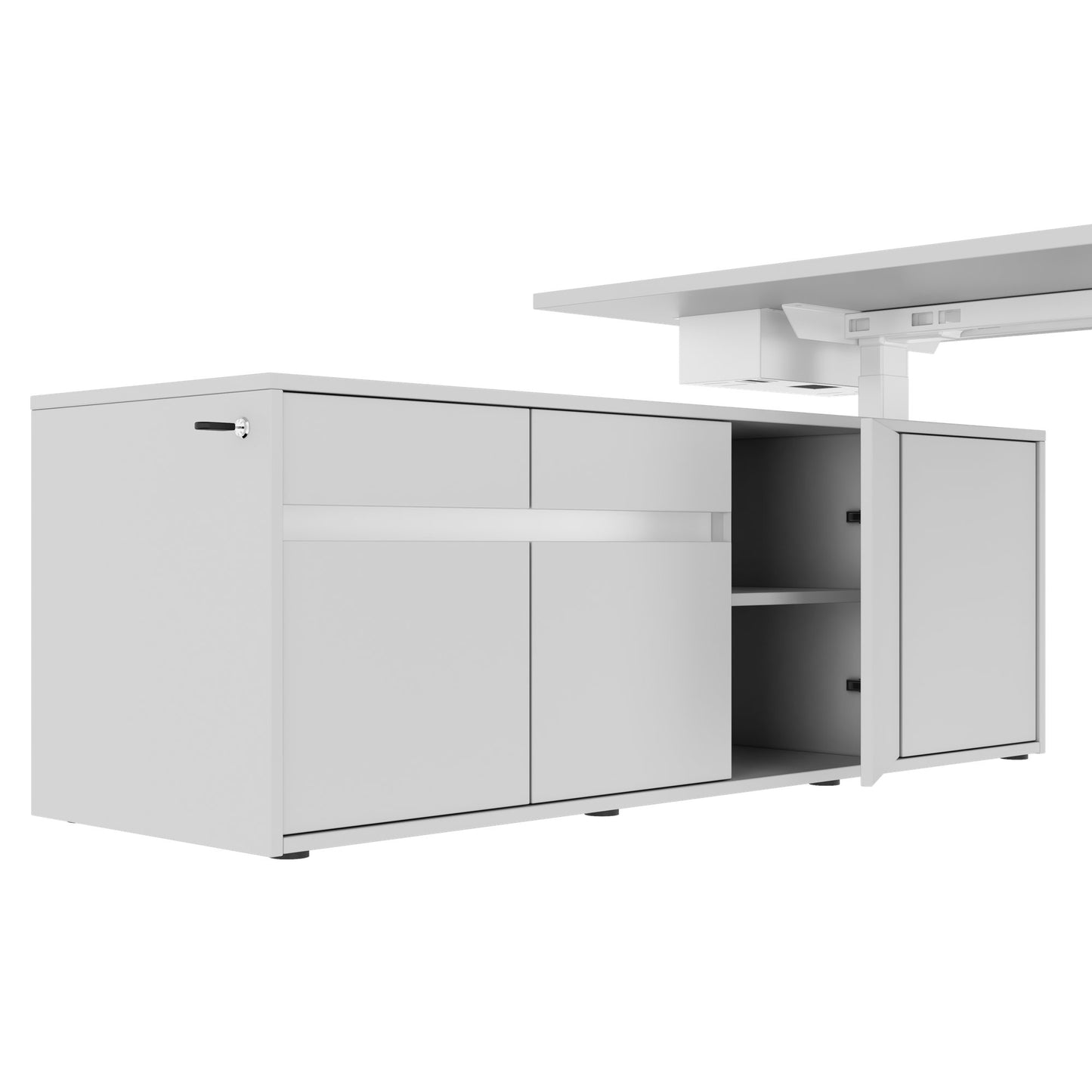 MOTION Desk a 2 motori con sideboard | Regolabile elettricamente in altezza, 2000 x 1800 mm, grigio perla