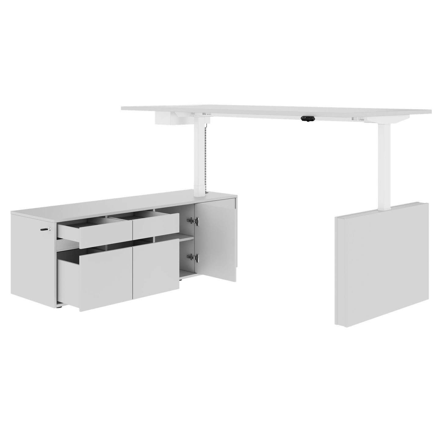 MOTION Desk a 2 motori con sideboard | Regolabile elettricamente in altezza, 2000 x 1800 mm, grigio perla