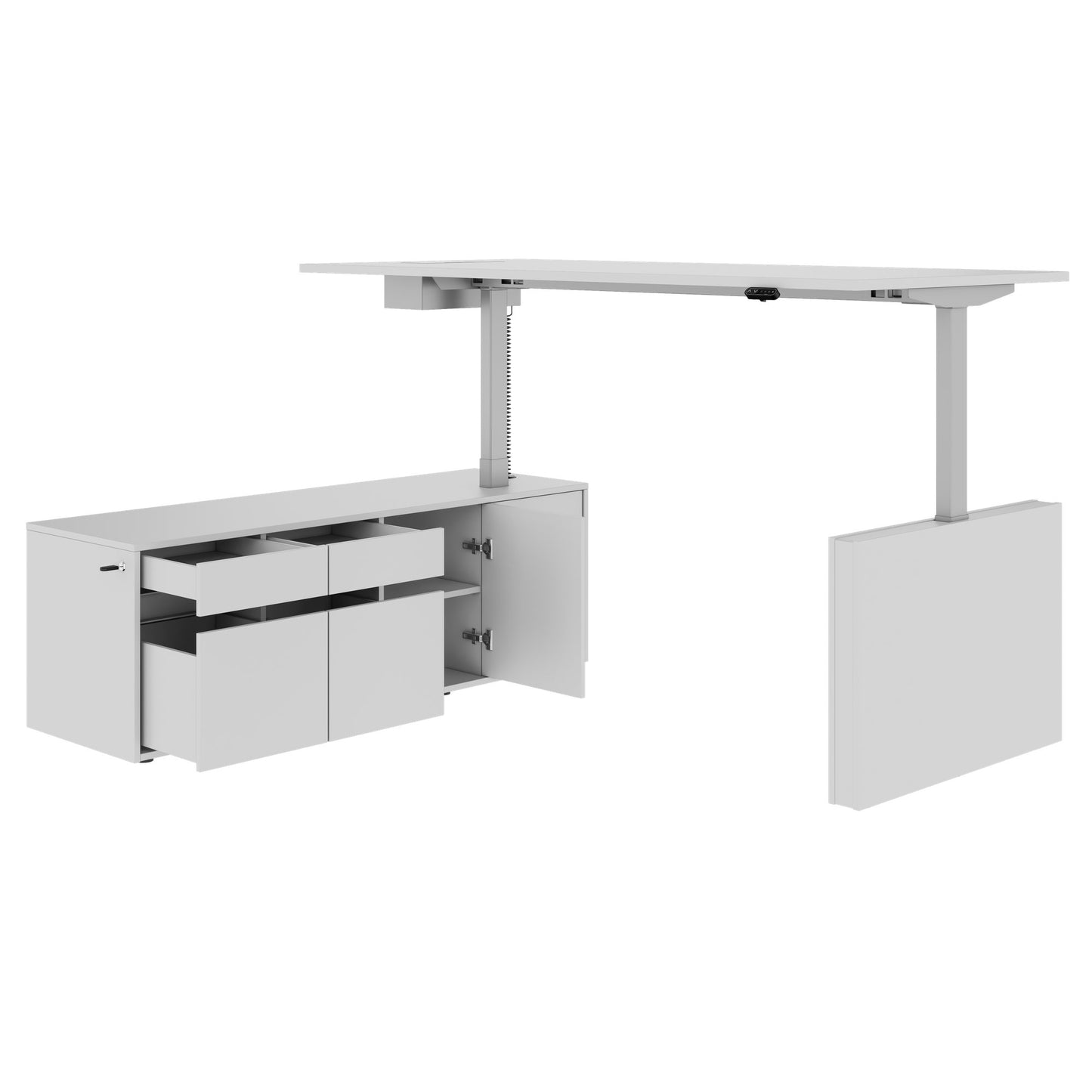 MOTION 2-Motoren-Schreibtisch mit Sideboard | Elektrisch höhenverstellbar, 2000 x 1800 mm, Perlgrau