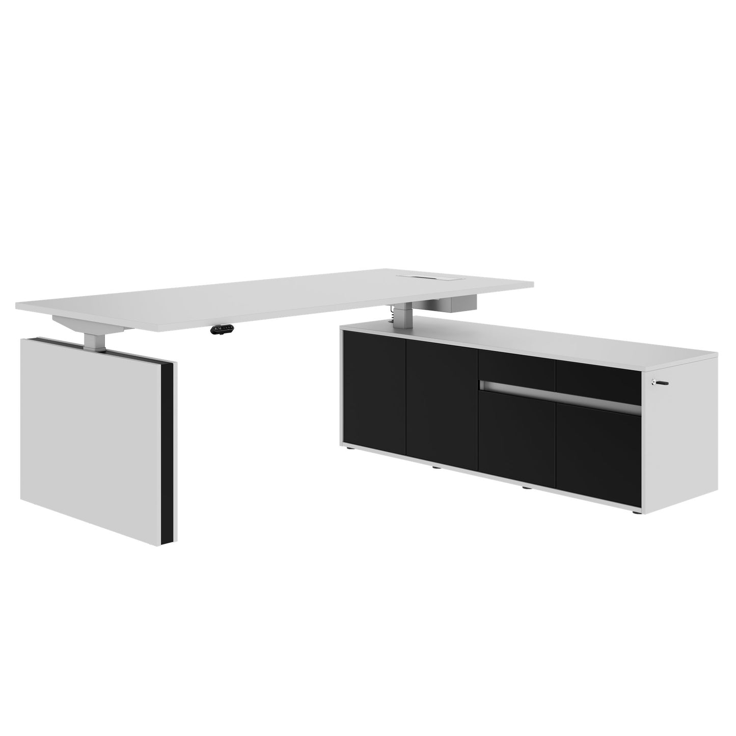 MOTION Desk a 2 motori con sideboard | Regolabile elettricamente in altezza, 2000 x 1800 mm, grigio perla