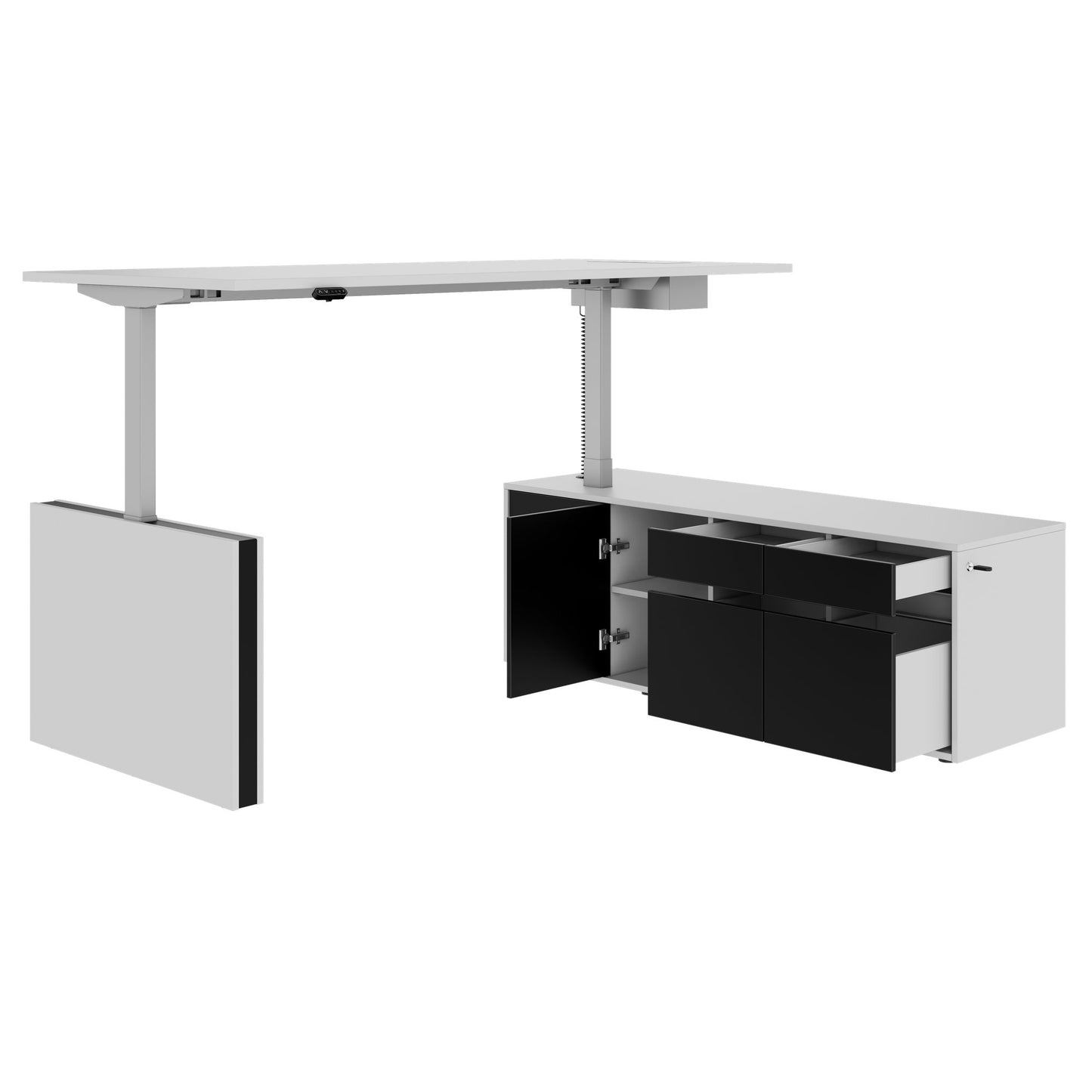 MOTION Desk a 2 motori con sideboard | Regolabile elettricamente in altezza, 2000 x 1800 mm, grigio perla