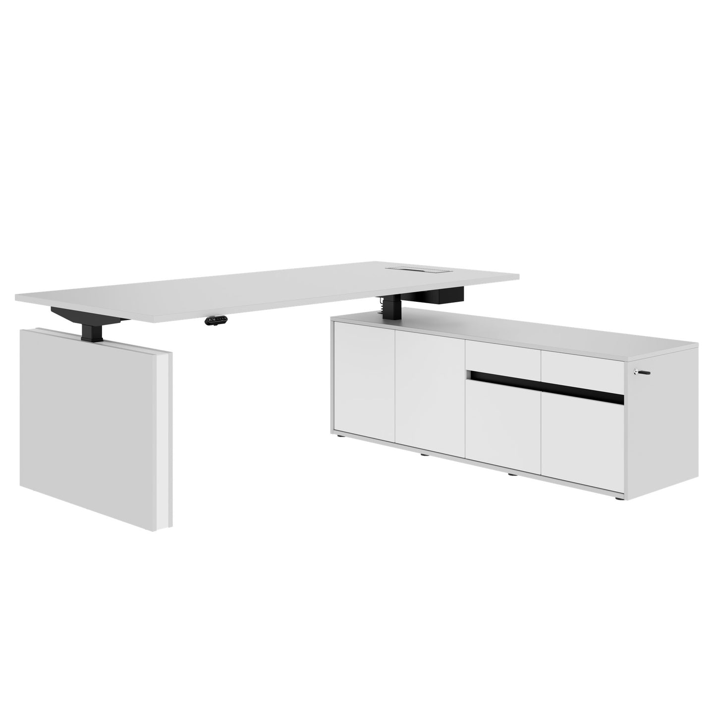 MOTION Desk a 2 motori con sideboard | Regolabile elettricamente in altezza, 2000 x 1800 mm, grigio perla