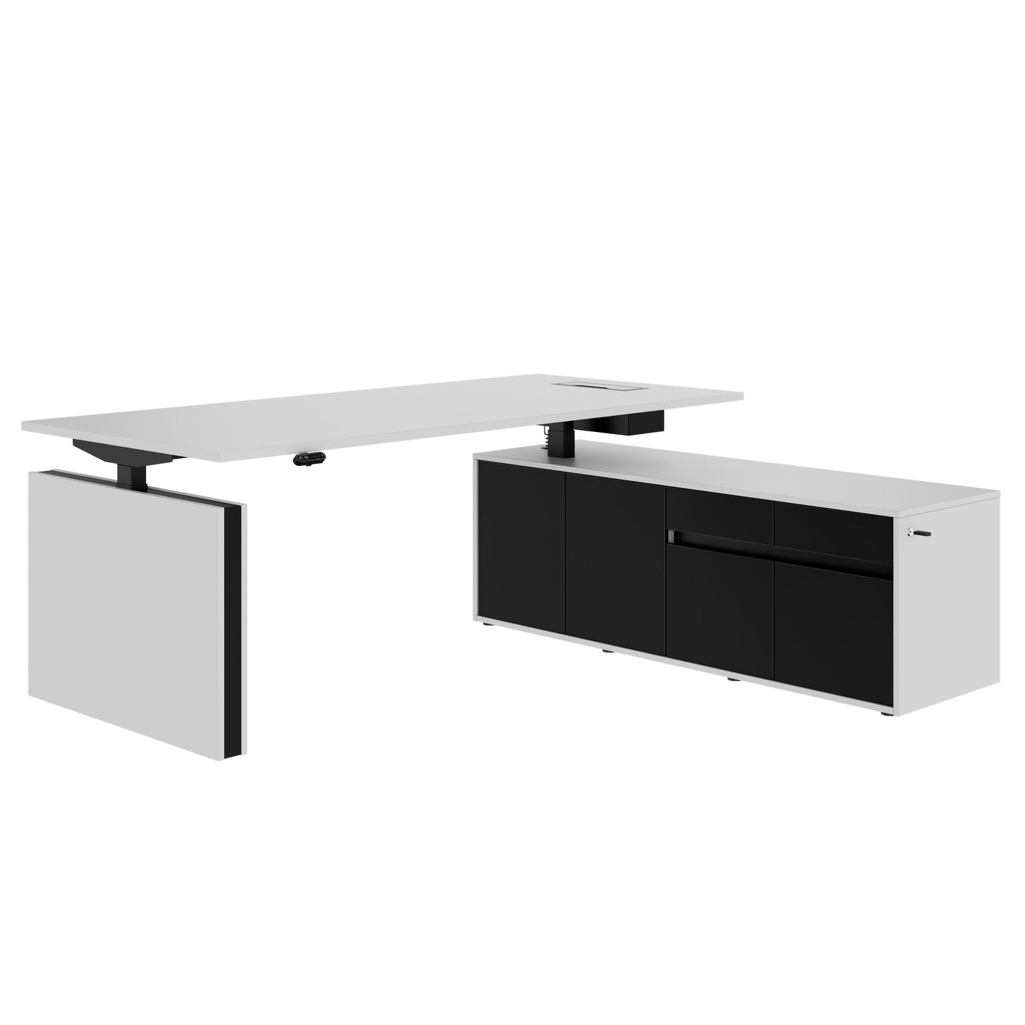 MOTION Desk a 2 motori con sideboard | Regolabile elettricamente in altezza, 2000 x 1800 mm, grigio perla
