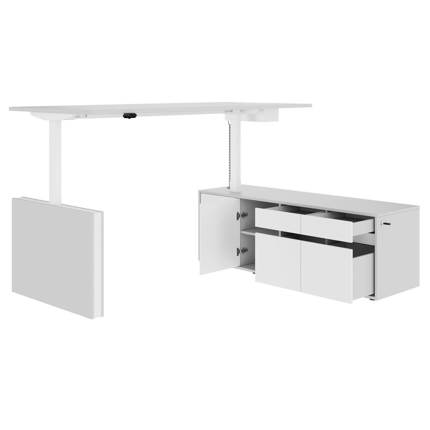 MOTION Desk a 2 motori con sideboard | Regolabile elettricamente in altezza, 2000 x 1800 mm, grigio perla