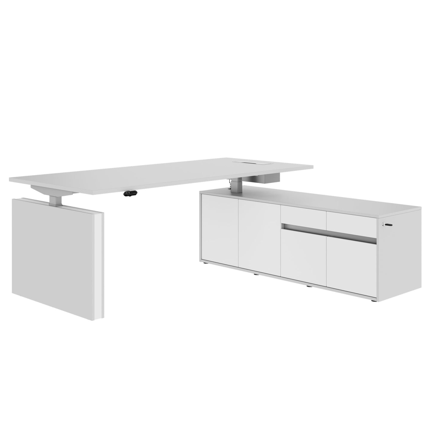 MOTION Desk a 2 motori con sideboard | Regolabile elettricamente in altezza, 2000 x 1800 mm, grigio perla