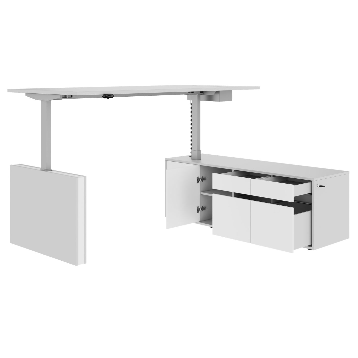 MOTION Desk a 2 motori con sideboard | Regolabile elettricamente in altezza, 2000 x 1800 mm, grigio perla