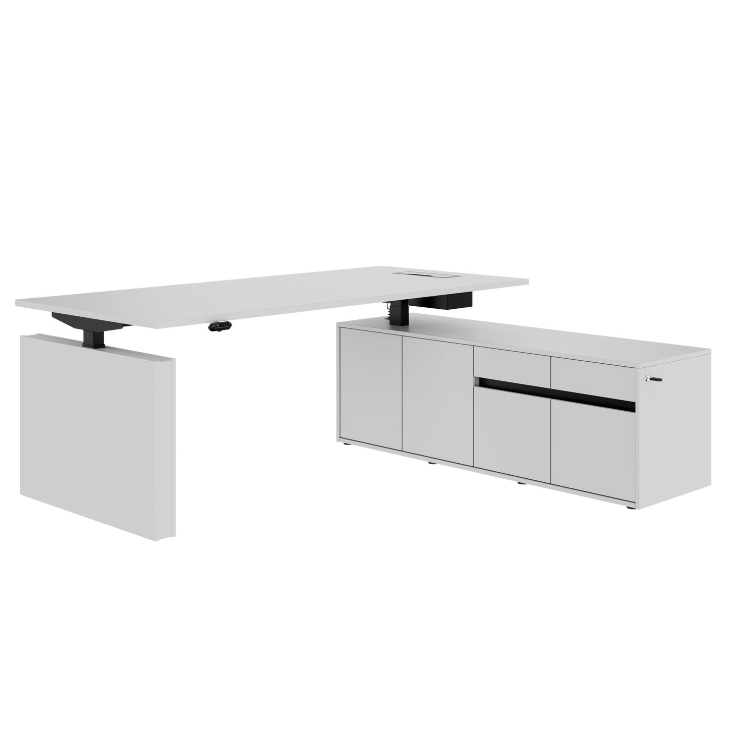 MOTION Desk a 2 motori con sideboard | Regolabile elettricamente in altezza, 2000 x 1800 mm, grigio perla