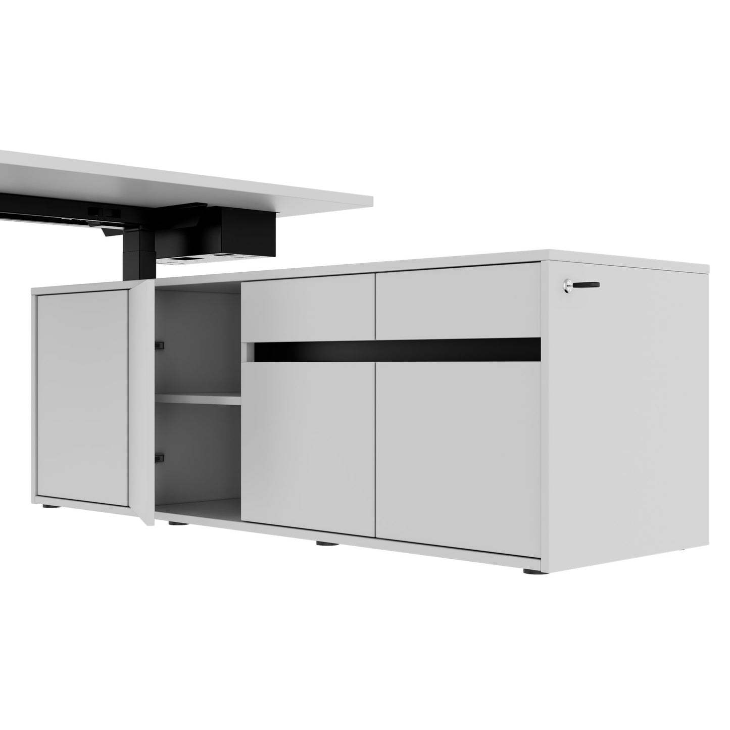MOTION Desk a 2 motori con sideboard | Regolabile elettricamente in altezza, 2000 x 1800 mm, grigio perla
