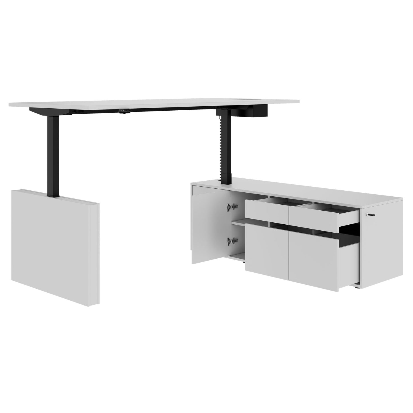 MOTION Desk a 2 motori con sideboard | Regolabile elettricamente in altezza, 2000 x 1800 mm, grigio perla