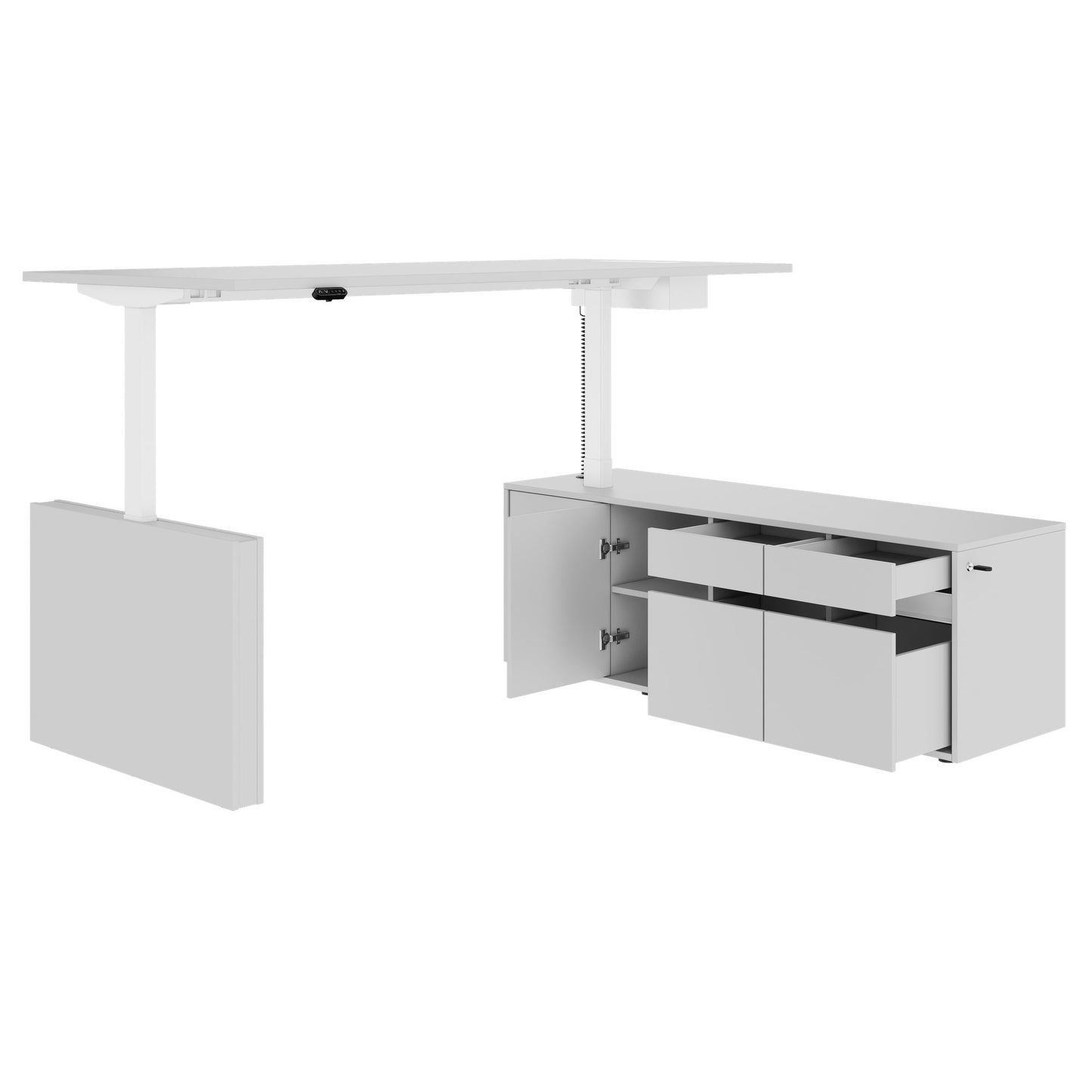 MOTION Desk a 2 motori con sideboard | Regolabile elettricamente in altezza, 2000 x 1800 mm, grigio perla