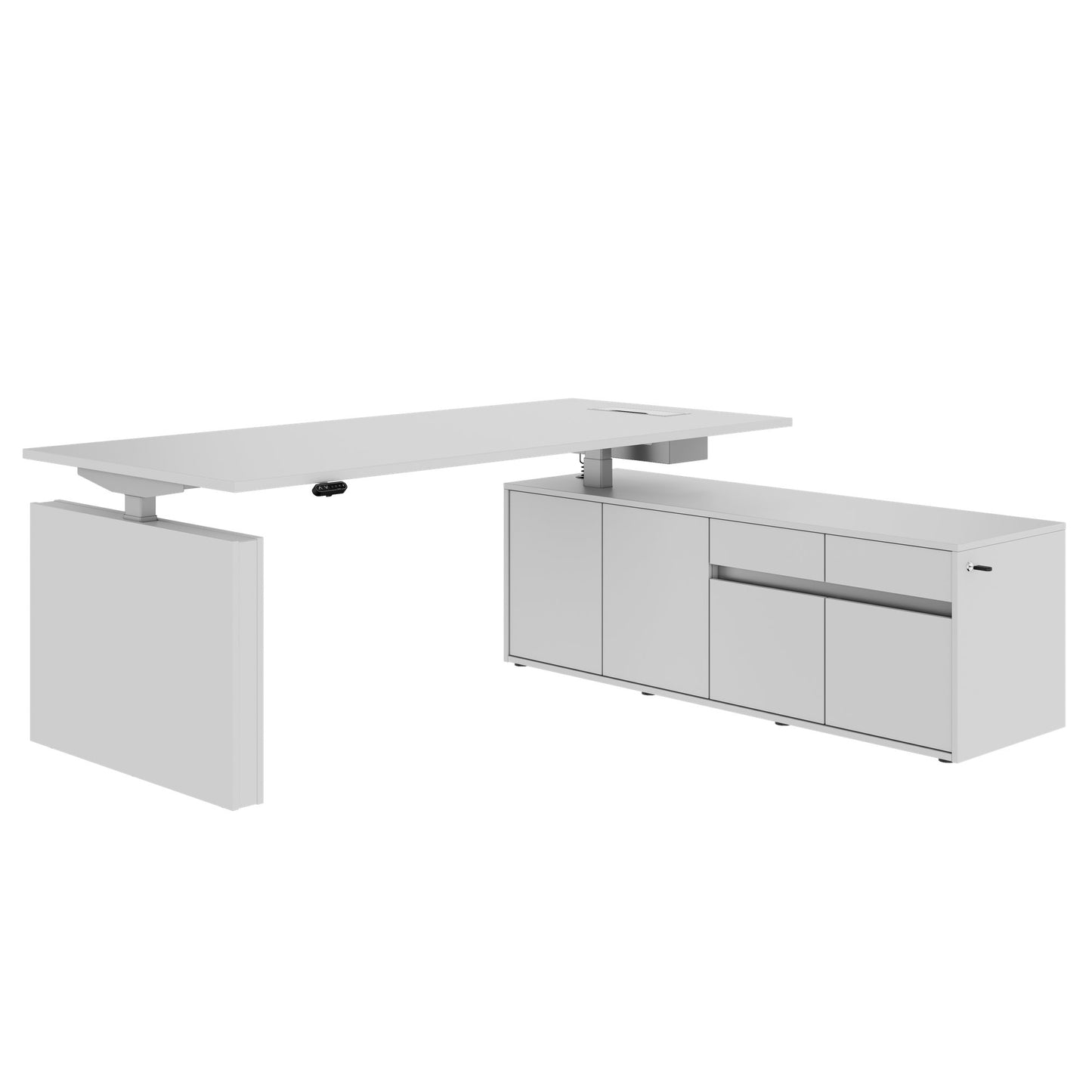 MOTION Desk a 2 motori con sideboard | Regolabile elettricamente in altezza, 2000 x 1800 mm, grigio perla