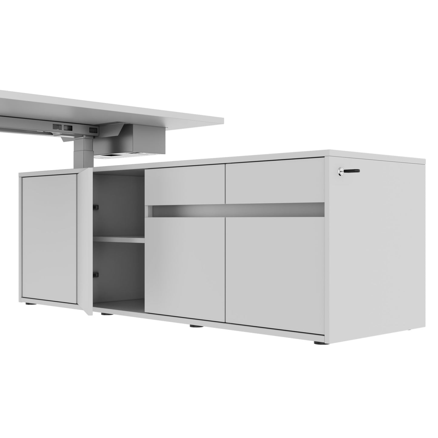 MOTION Desk a 2 motori con sideboard | Regolabile elettricamente in altezza, 2000 x 1800 mm, grigio perla