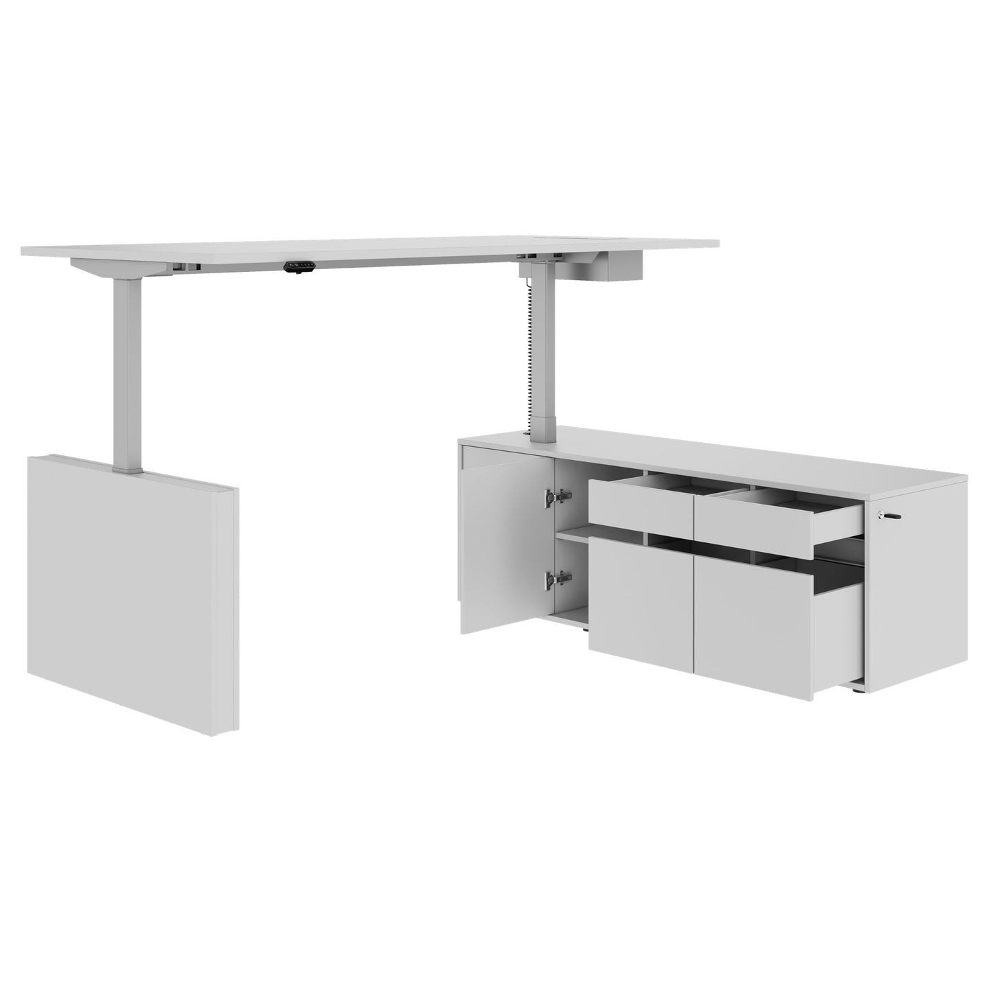 MOTION Desk a 2 motori con sideboard | Regolabile elettricamente in altezza, 2000 x 1800 mm, grigio perla