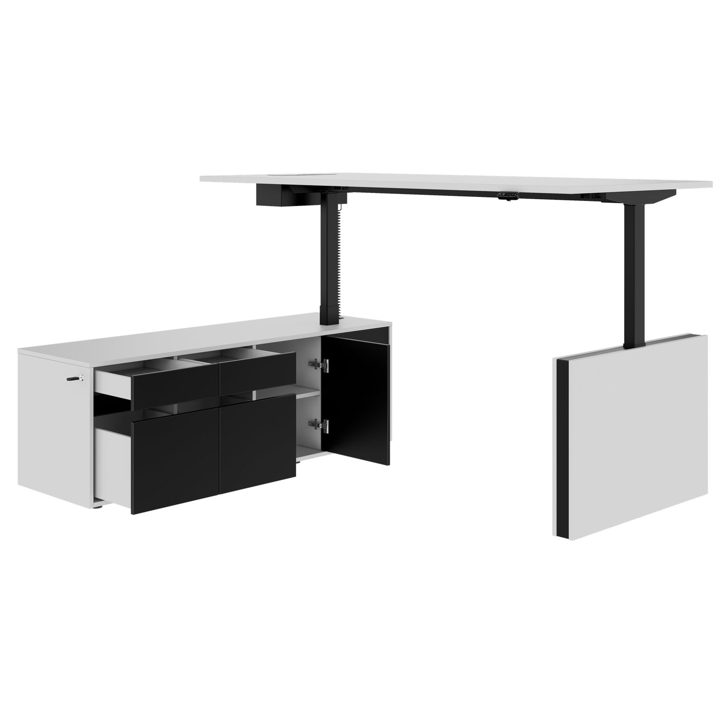 MOTION Desk a 2 motori con sideboard | Regolabile elettricamente in altezza, 2000 x 1800 mm, grigio perla