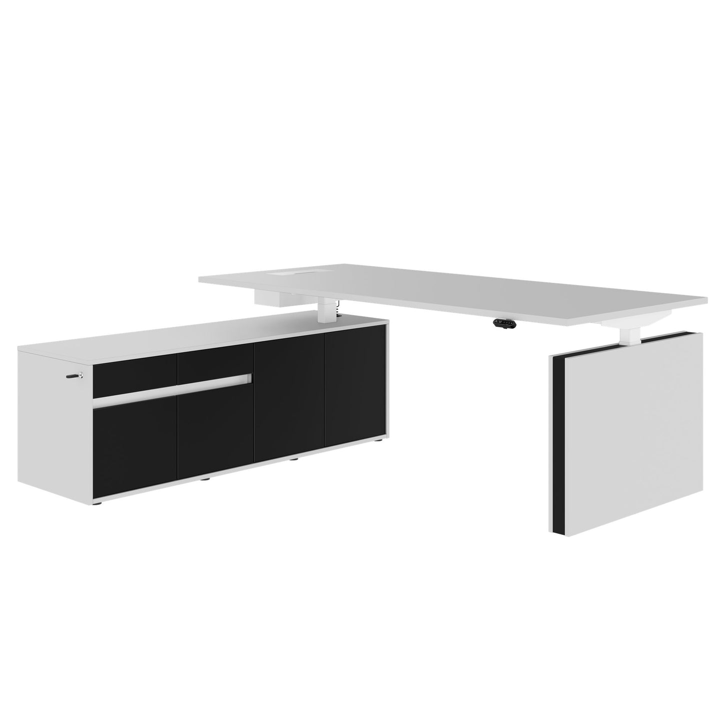 MOTION Desk a 2 motori con sideboard | Regolabile elettricamente in altezza, 2000 x 1800 mm, grigio perla