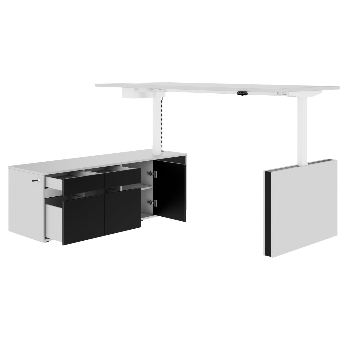 MOTION Desk a 2 motori con sideboard | Regolabile elettricamente in altezza, 2000 x 1800 mm, grigio perla