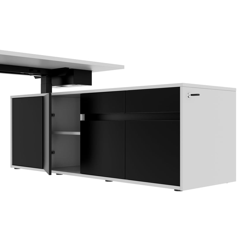 MOTION Desk a 2 motori con sideboard | Regolabile elettricamente in altezza, 2000 x 1800 mm, grigio perla
