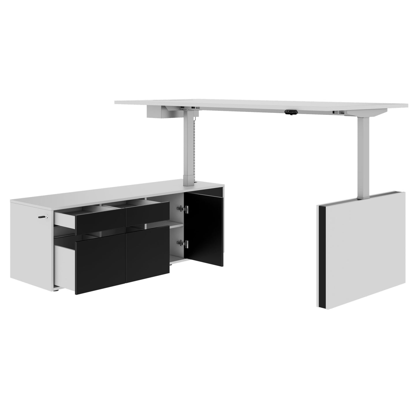 MOTION Desk a 2 motori con sideboard | Regolabile elettricamente in altezza, 2000 x 1800 mm, grigio perla