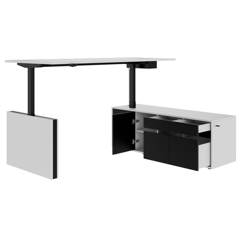 MOTION 2-Motoren-Schreibtisch mit Sideboard | Elektrisch höhenverstellbar, 2000 x 1800 mm, Perlgrau