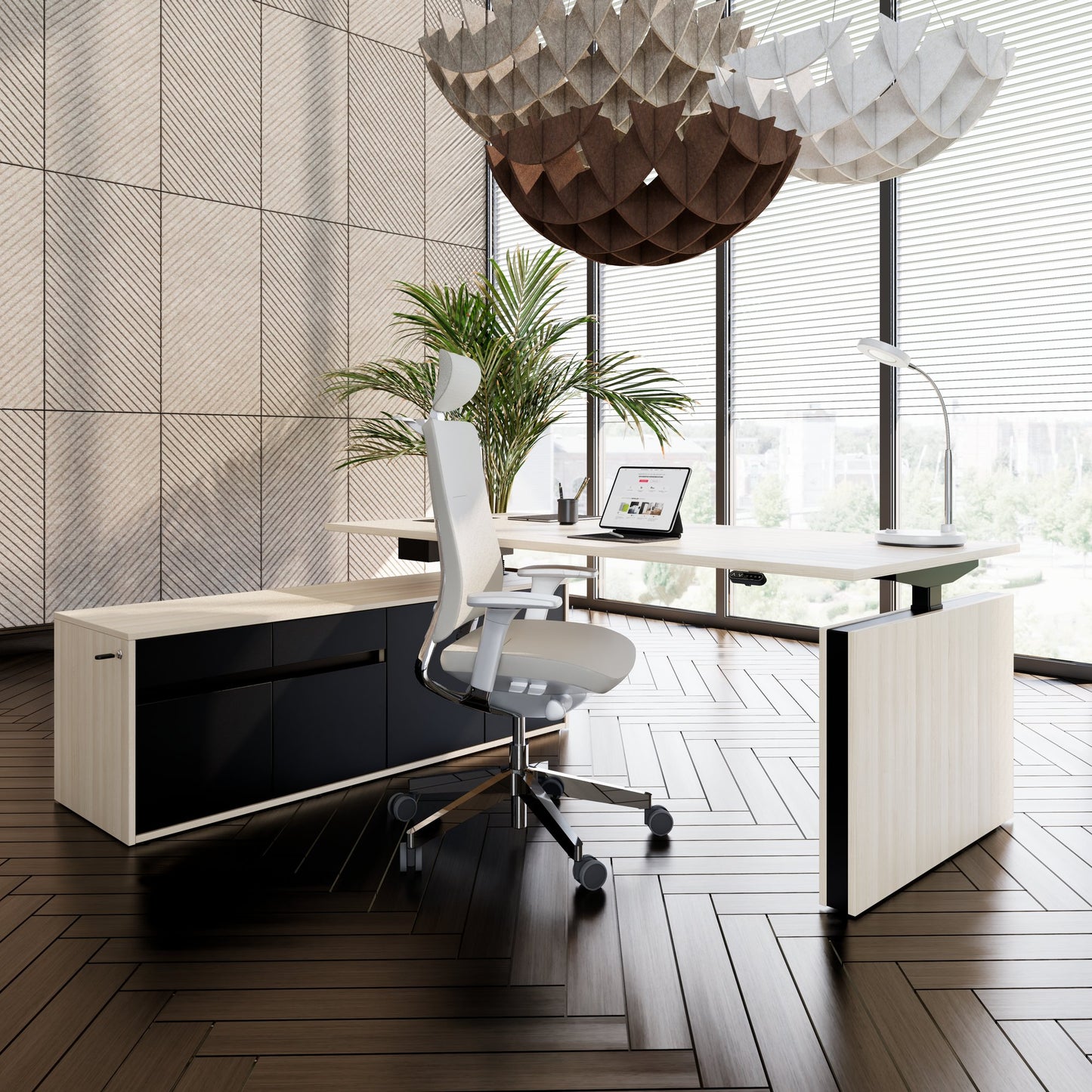 MOTION 2-Motoren-Schreibtisch mit Sideboard | Elektrisch höhenverstellbar, 2000 x 1800 mm, Sandesche