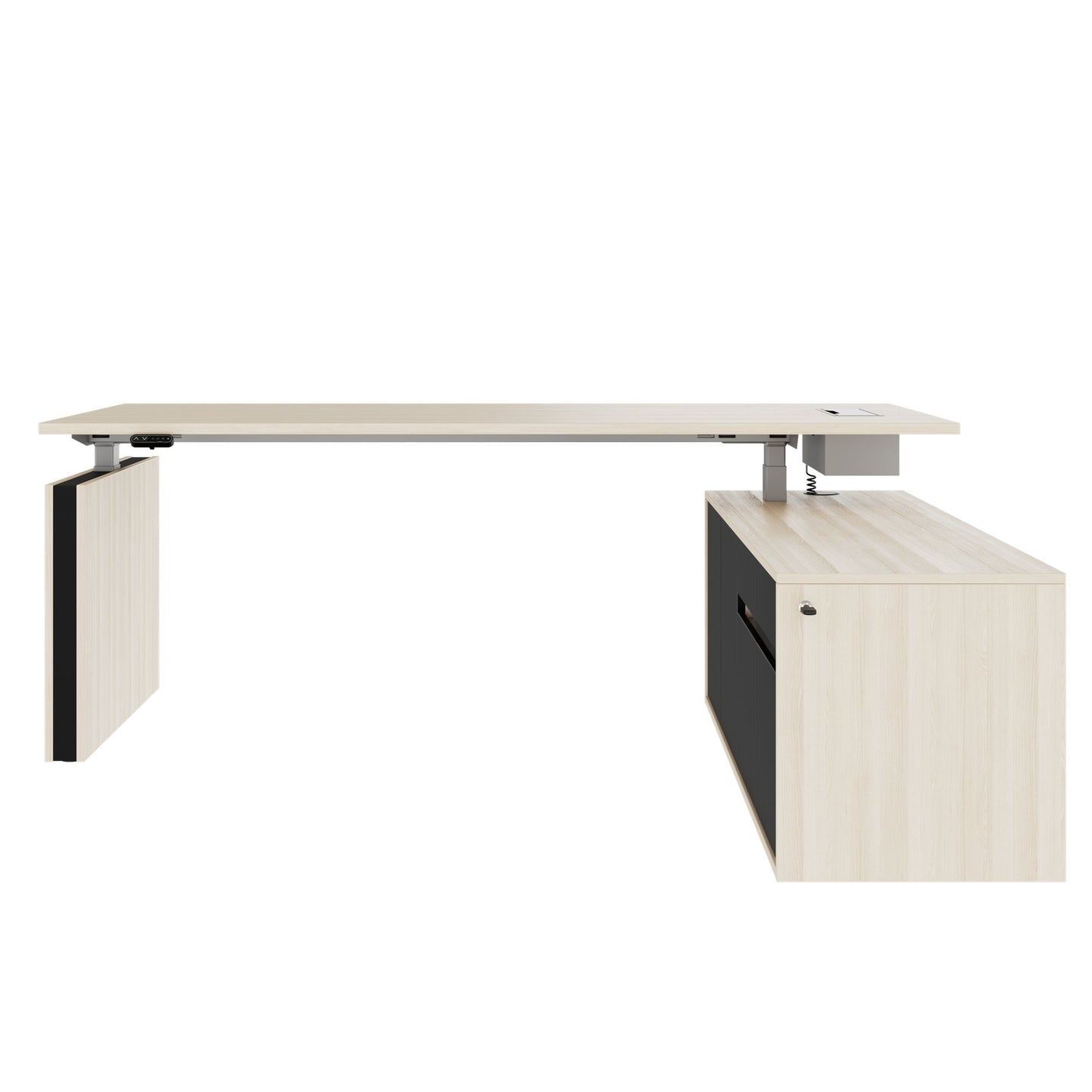 MOTION Desk a 2 motori con sideboard | Regolabile elettricamente in altezza, 2000 x 1800 mm, cenere di sabbia