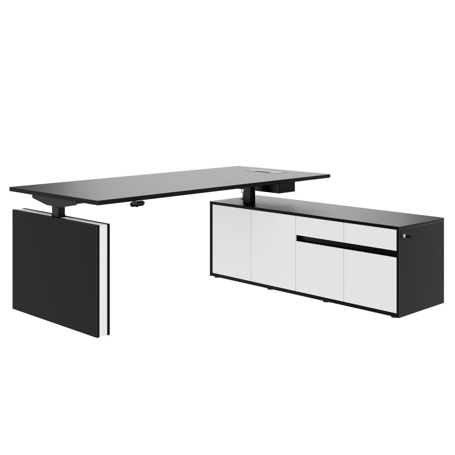 MOTION Bureau à 2 moteurs avec buffet | Réglable à hauteur électrique, 2000 x 1800 mm, noir