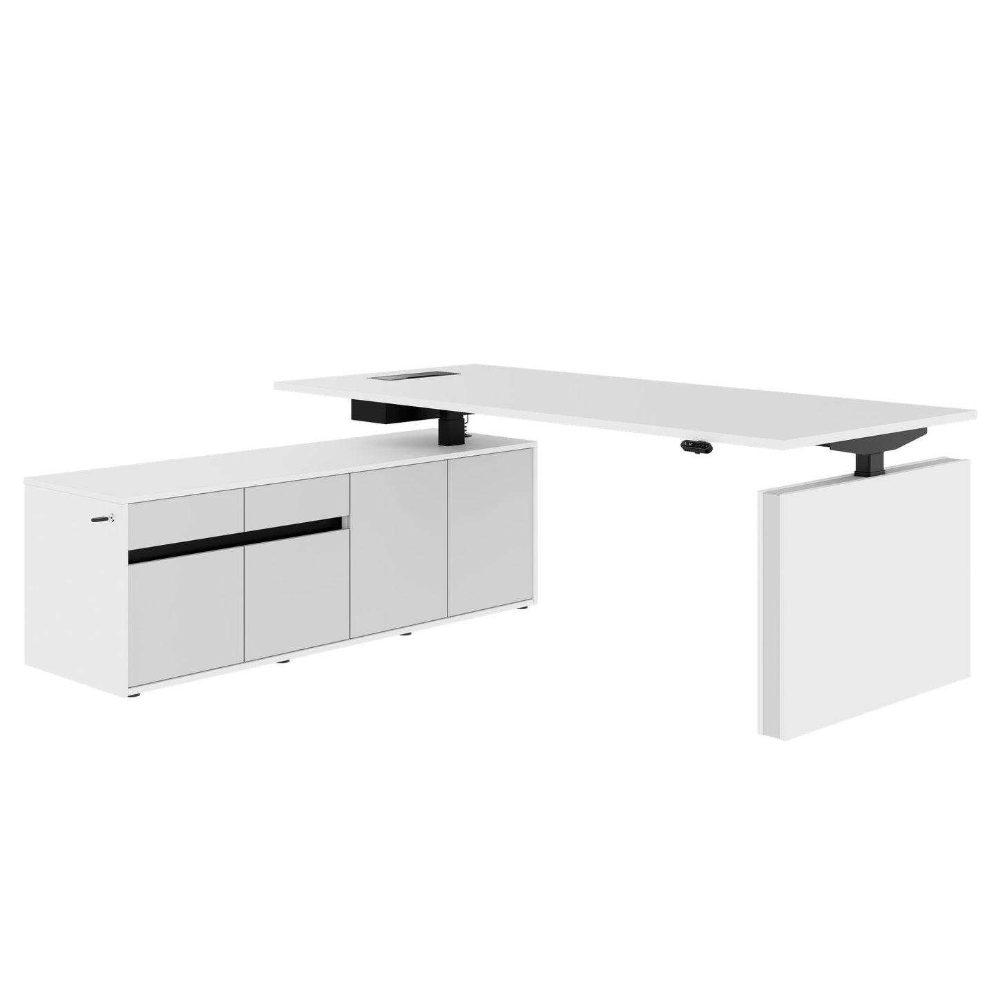 MOTION 2-Motoren-Schreibtisch mit Sideboard | Elektrisch höhenverstellbar, 2000 x 1800 mm, Weiß