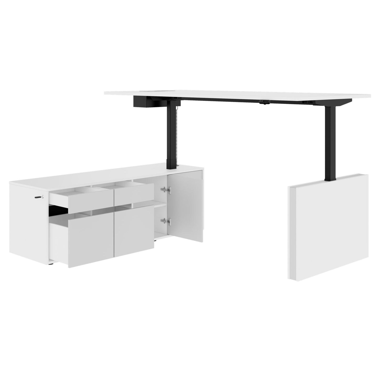 MOTION 2-Motoren-Schreibtisch mit Sideboard | Elektrisch höhenverstellbar, 2000 x 1800 mm, Weiß